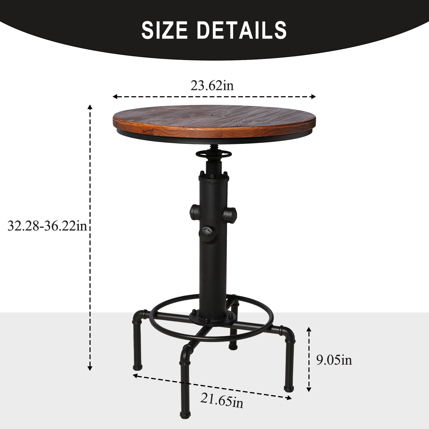 Industrial Bar Table Set for 2, Round Pub Table with 2 Stools, Height Adjustable, Wood Top with Black Metal Base, 23.62 Inch Diameter