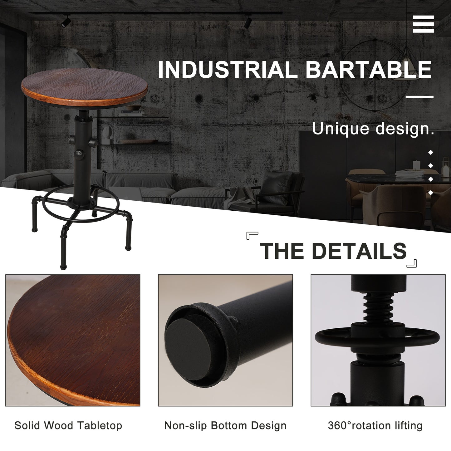 Industrial Bar Table Set for 2, Round Pub Table with 2 Stools, Height Adjustable, Wood Top with Black Metal Base, 23.62 Inch Diameter