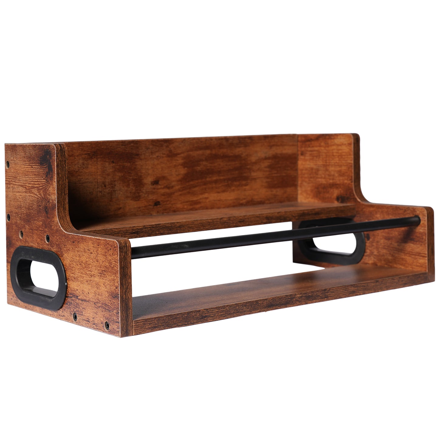 Rustic 2-Tier Wooden Countertop Organizer with Anti-Fall Bar, Multipurpose Storage Rack for Coffee, Liquor, Spices, Kitchen & Bar, 16" W x 8" D x 6.2" H