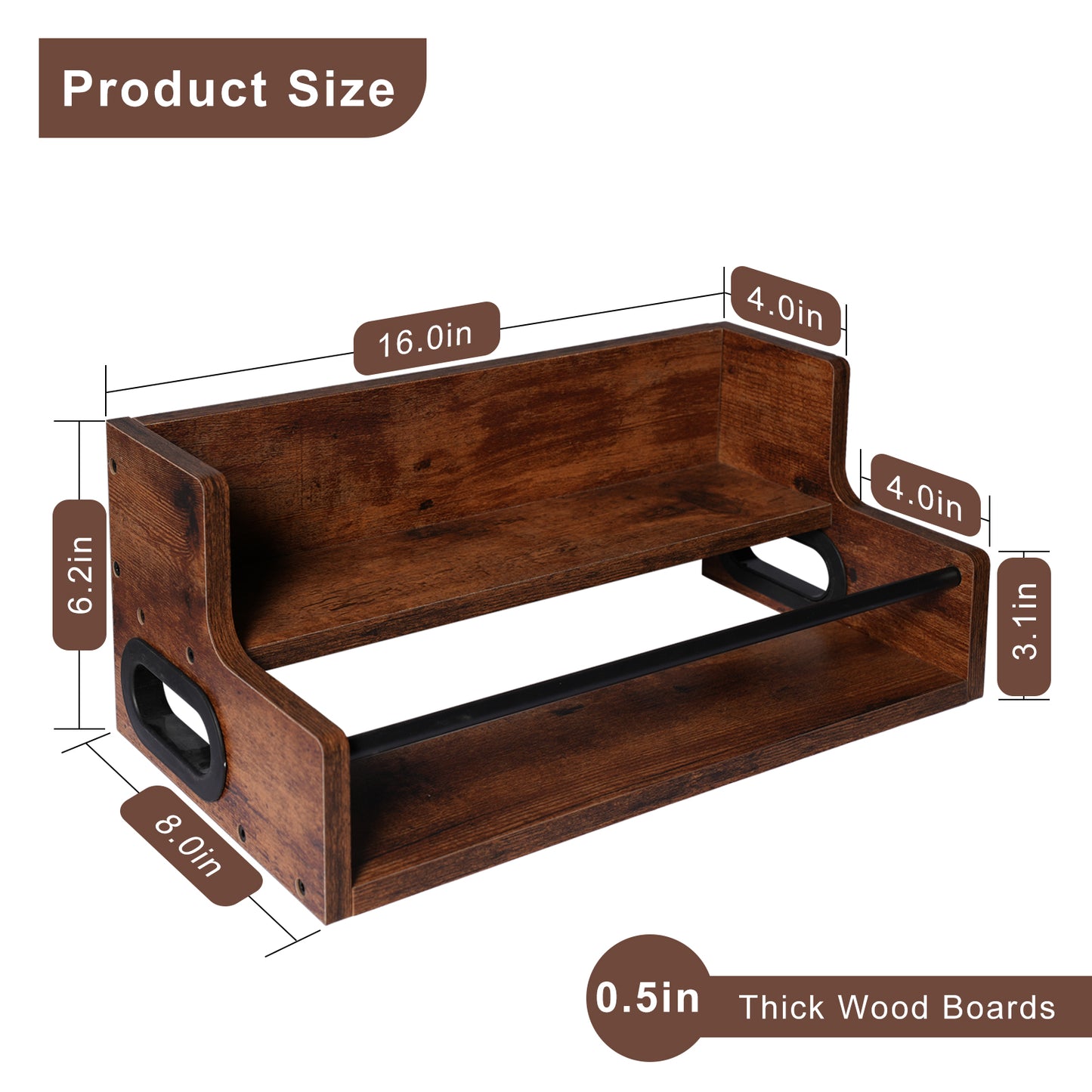 Rustic 2-Tier Wooden Countertop Organizer with Anti-Fall Bar, Multipurpose Storage Rack for Coffee, Liquor, Spices, Kitchen & Bar, 16" W x 8" D x 6.2" H