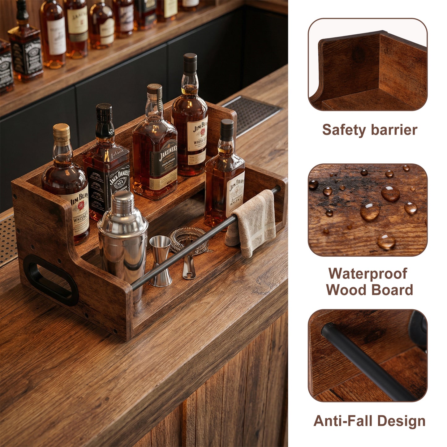 Rustic 2-Tier Wooden Countertop Organizer with Anti-Fall Bar, Multipurpose Storage Rack for Coffee, Liquor, Spices, Kitchen & Bar, 16" W x 8" D x 6.2" H