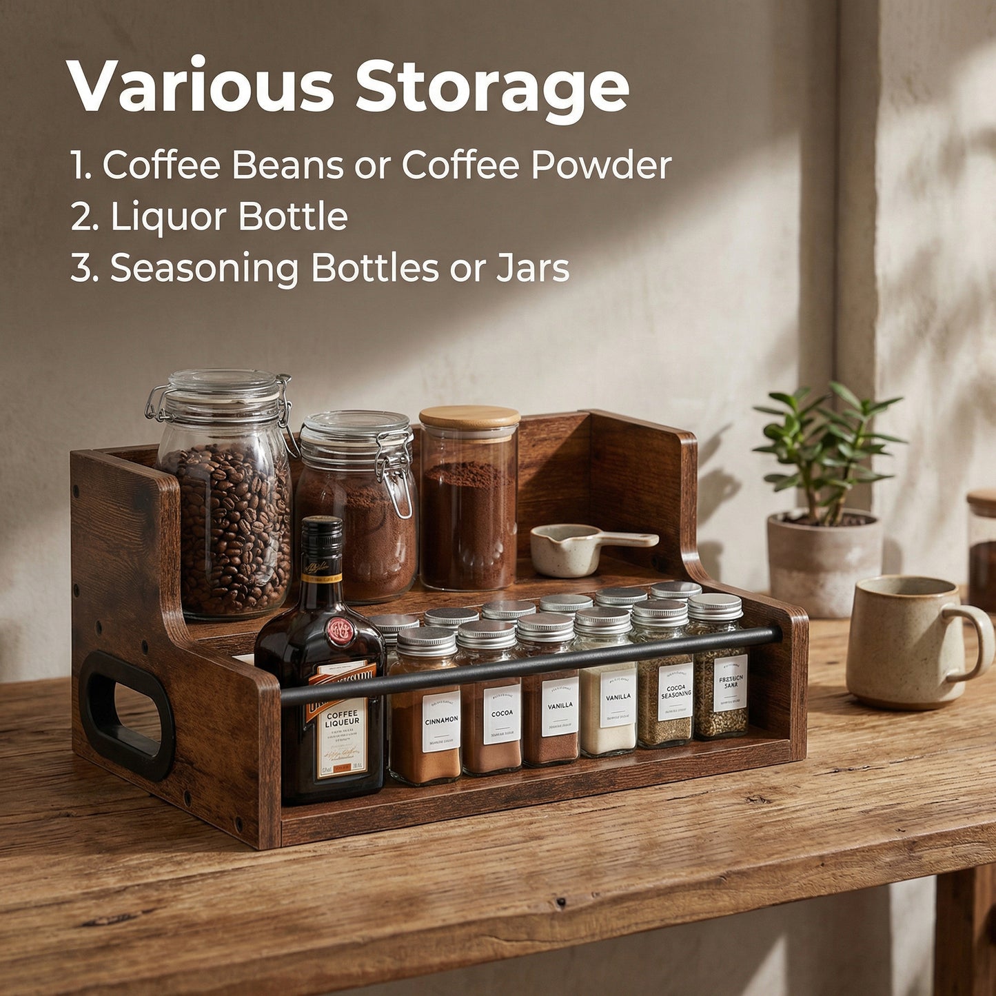 Rustic 2-Tier Wooden Countertop Organizer with Anti-Fall Bar, Multipurpose Storage Rack for Coffee, Liquor, Spices, Kitchen & Bar, 16" W x 8" D x 6.2" H