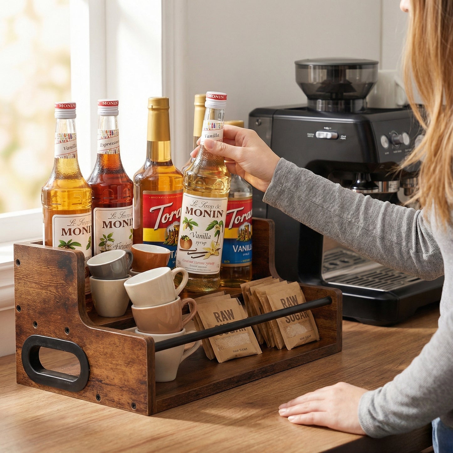 Rustic 2-Tier Wooden Countertop Organizer with Anti-Fall Bar, Multipurpose Storage Rack for Coffee, Liquor, Spices, Kitchen & Bar, 16" W x 8" D x 6.2" H