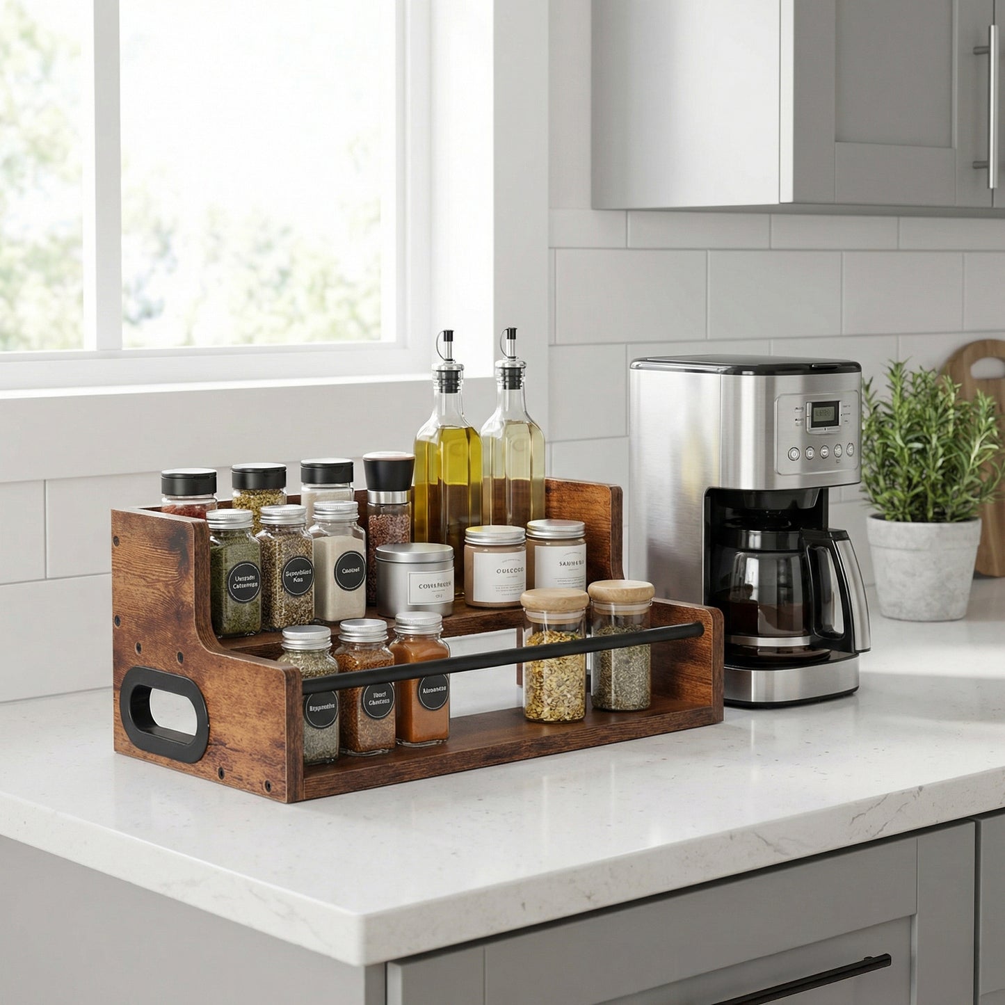 Rustic 2-Tier Wooden Countertop Organizer with Anti-Fall Bar, Multipurpose Storage Rack for Coffee, Liquor, Spices, Kitchen & Bar, 16" W x 8" D x 6.2" H