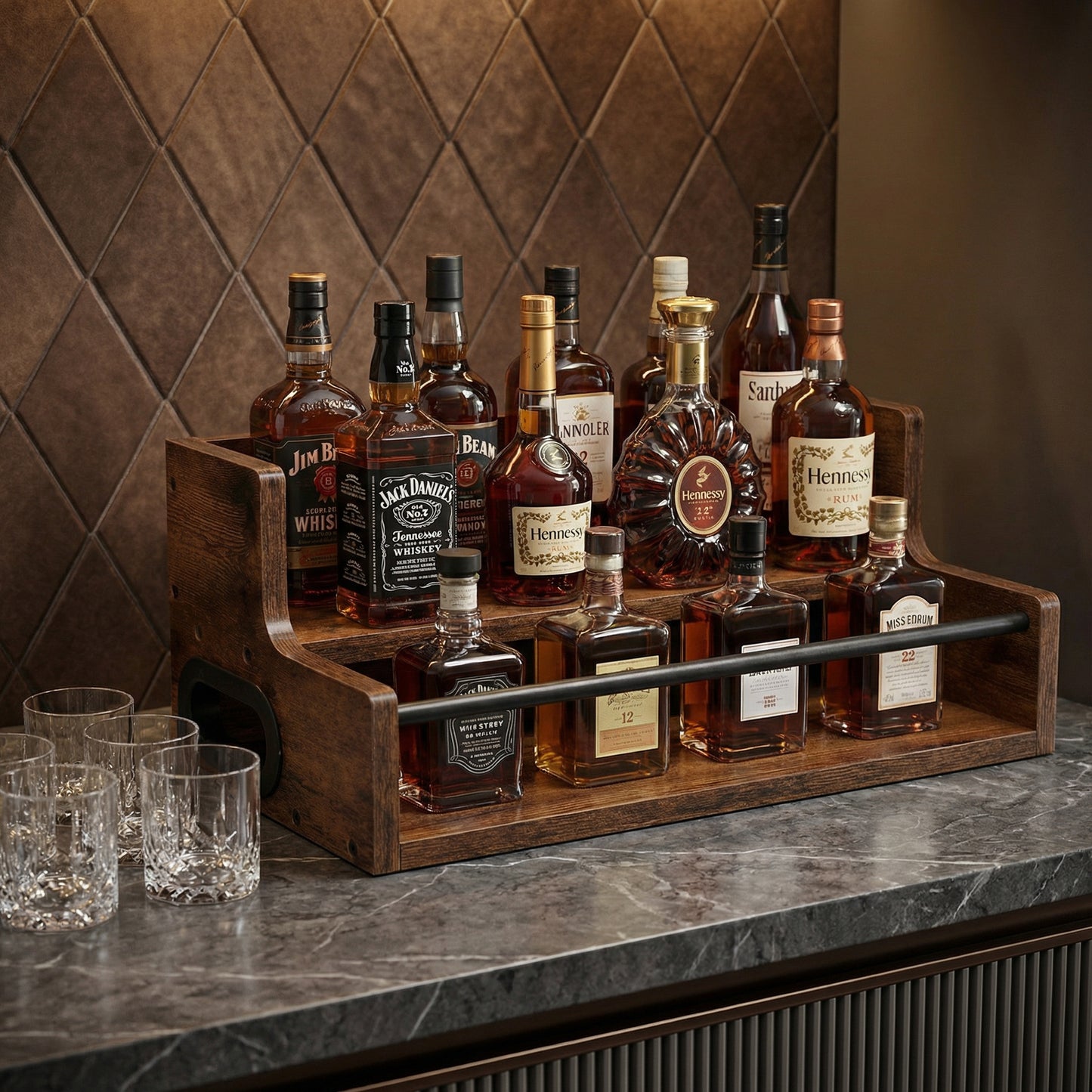 Rustic 2-Tier Wooden Countertop Organizer with Anti-Fall Bar, Multipurpose Storage Rack for Coffee, Liquor, Spices, Kitchen & Bar, 16" W x 8" D x 6.2" H