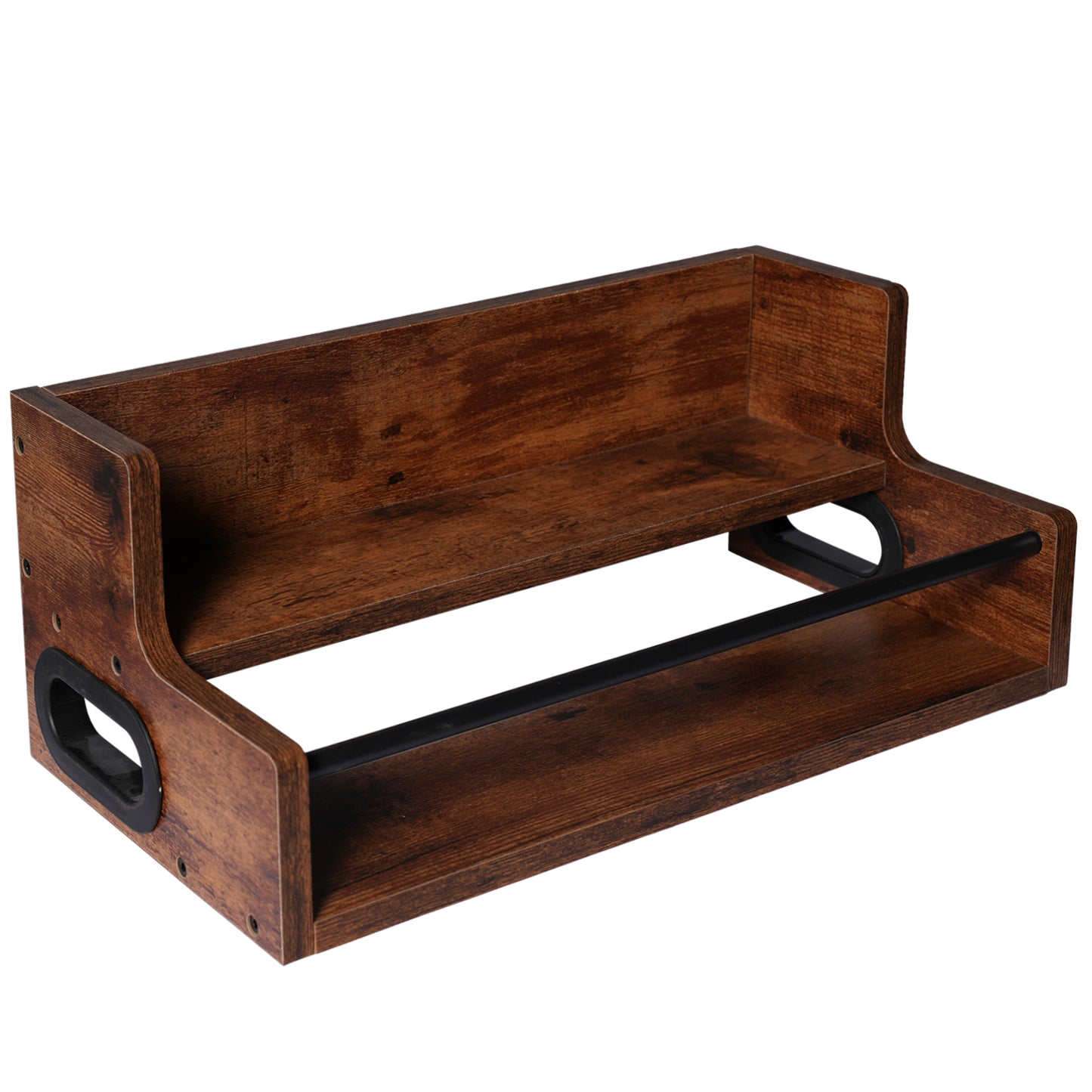 Rustic 2-Tier Wooden Countertop Organizer with Anti-Fall Bar, Multipurpose Storage Rack for Coffee, Liquor, Spices, Kitchen & Bar, 16" W x 8" D x 6.2" H