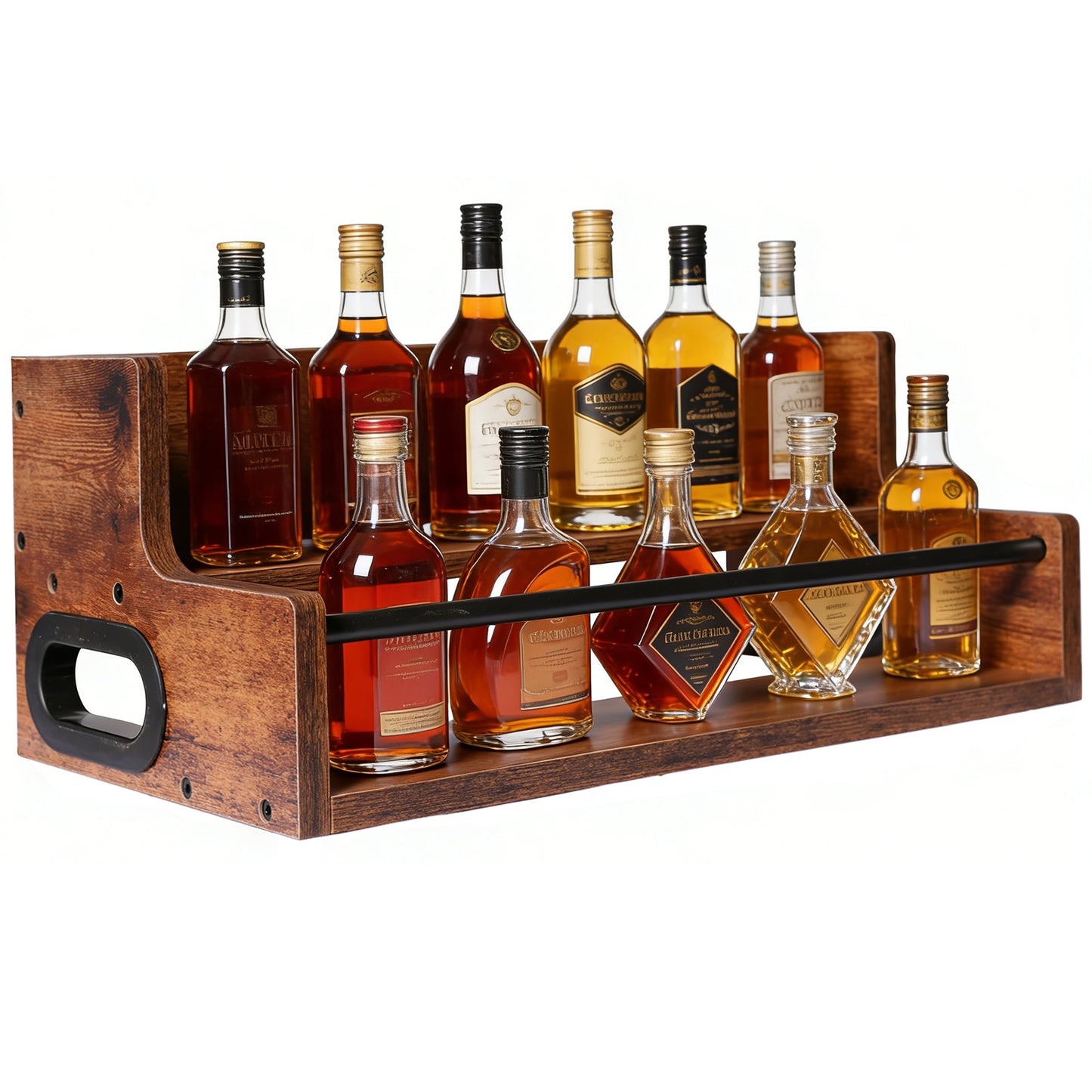 Rustic 2-Tier Wooden Countertop Organizer with Anti-Fall Bar, Multipurpose Storage Rack for Coffee, Liquor, Spices, Kitchen & Bar, 16" W x 8" D x 6.2" H