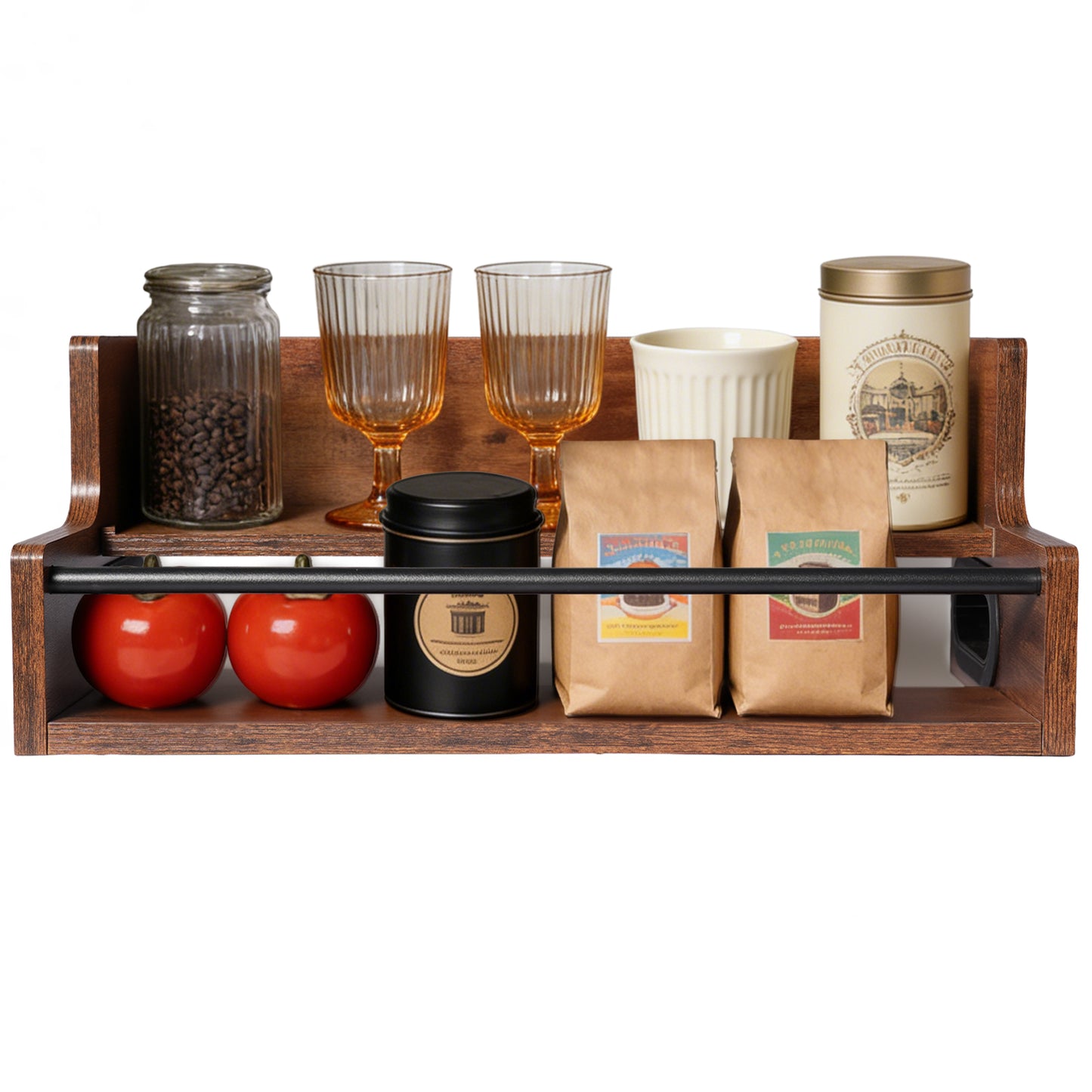 Rustic 2-Tier Wooden Countertop Organizer with Anti-Fall Bar, Multipurpose Storage Rack for Coffee, Liquor, Spices, Kitchen & Bar, 16" W x 8" D x 6.2" H