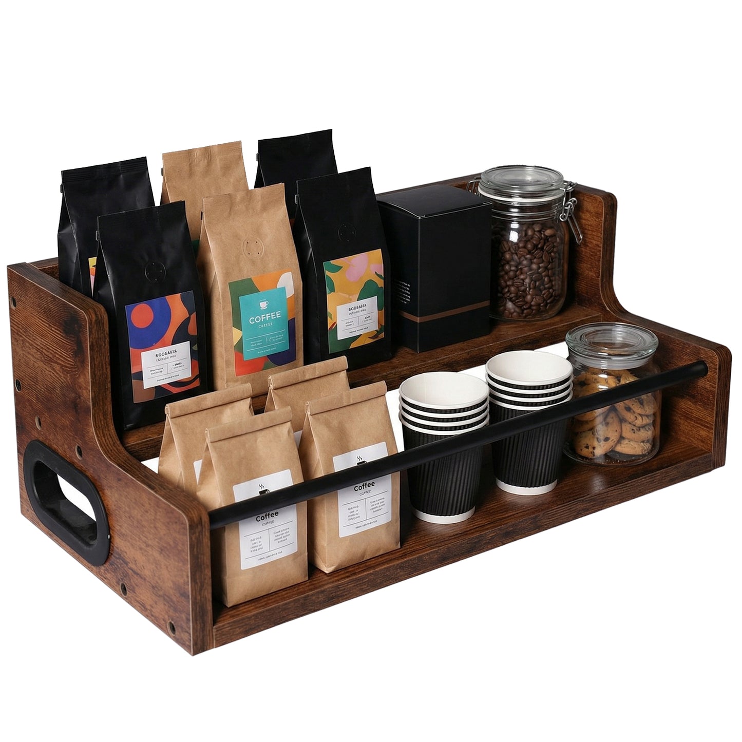 Rustic 2-Tier Wooden Countertop Organizer with Anti-Fall Bar, Multipurpose Storage Rack for Coffee, Liquor, Spices, Kitchen & Bar, 16" W x 8" D x 6.2" H