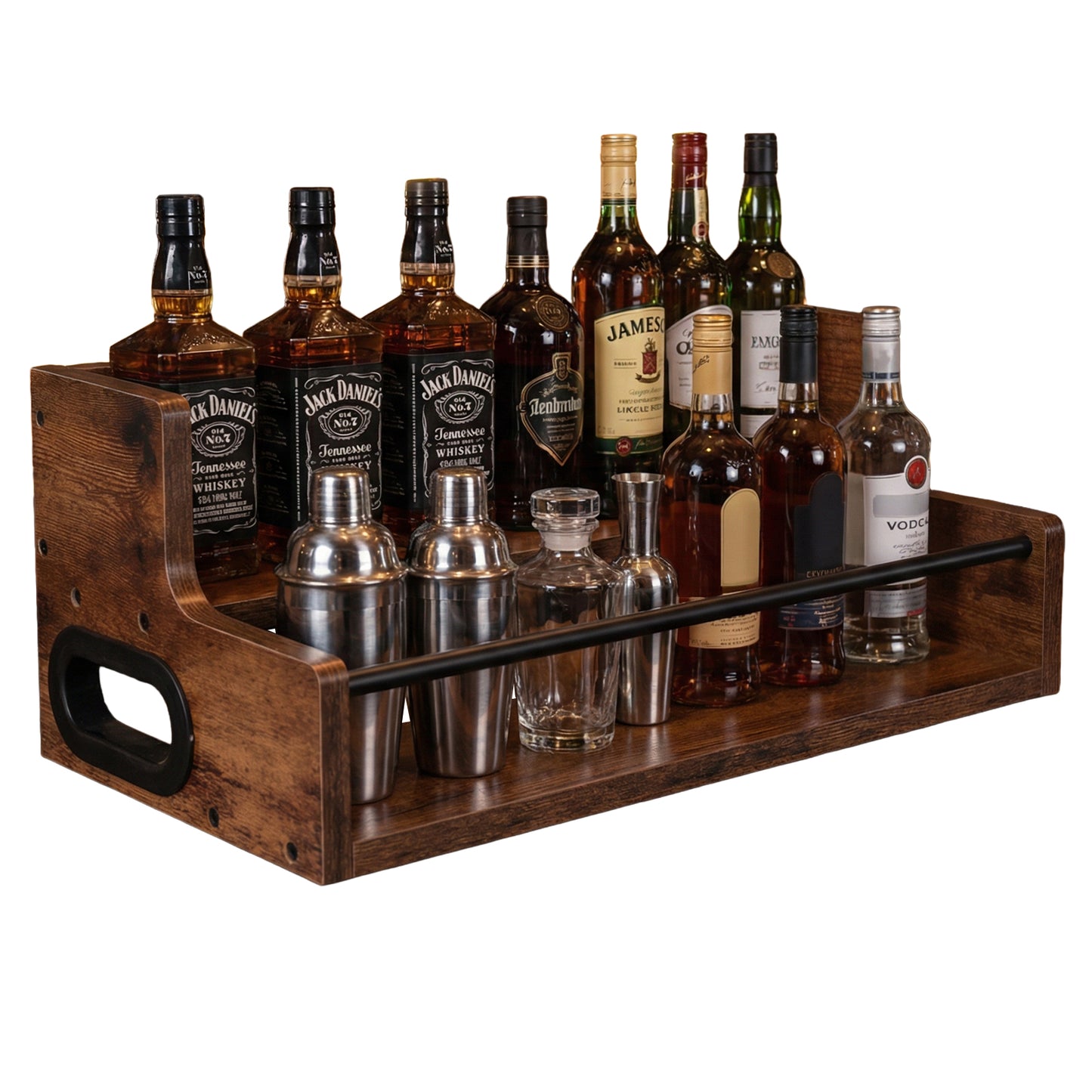 Rustic 2-Tier Wooden Countertop Organizer with Anti-Fall Bar, Multipurpose Storage Rack for Coffee, Liquor, Spices, Kitchen & Bar, 16" W x 8" D x 6.2" H