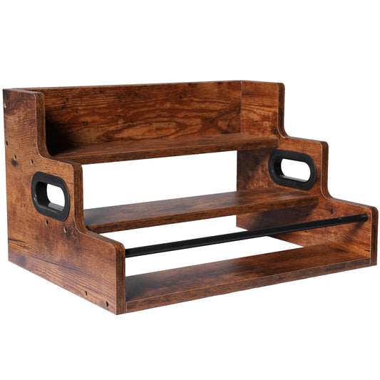 Rustic 3-Tier Wooden Countertop Organizer with Anti-Fall Bar, Multipurpose Coffee Bar Storage Rack for Spices, Liquor, K-Cups & Kitchen Essentials, 16" W x 12" D x 9.25" H