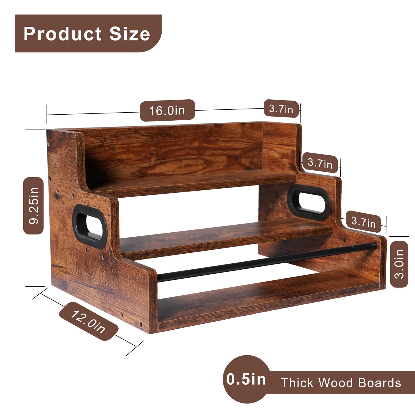 Rustic 3-Tier Wooden Countertop Organizer with Anti-Fall Bar, Multipurpose Coffee Bar Storage Rack for Spices, Liquor, K-Cups & Kitchen Essentials, 16" W x 12" D x 9.25" H