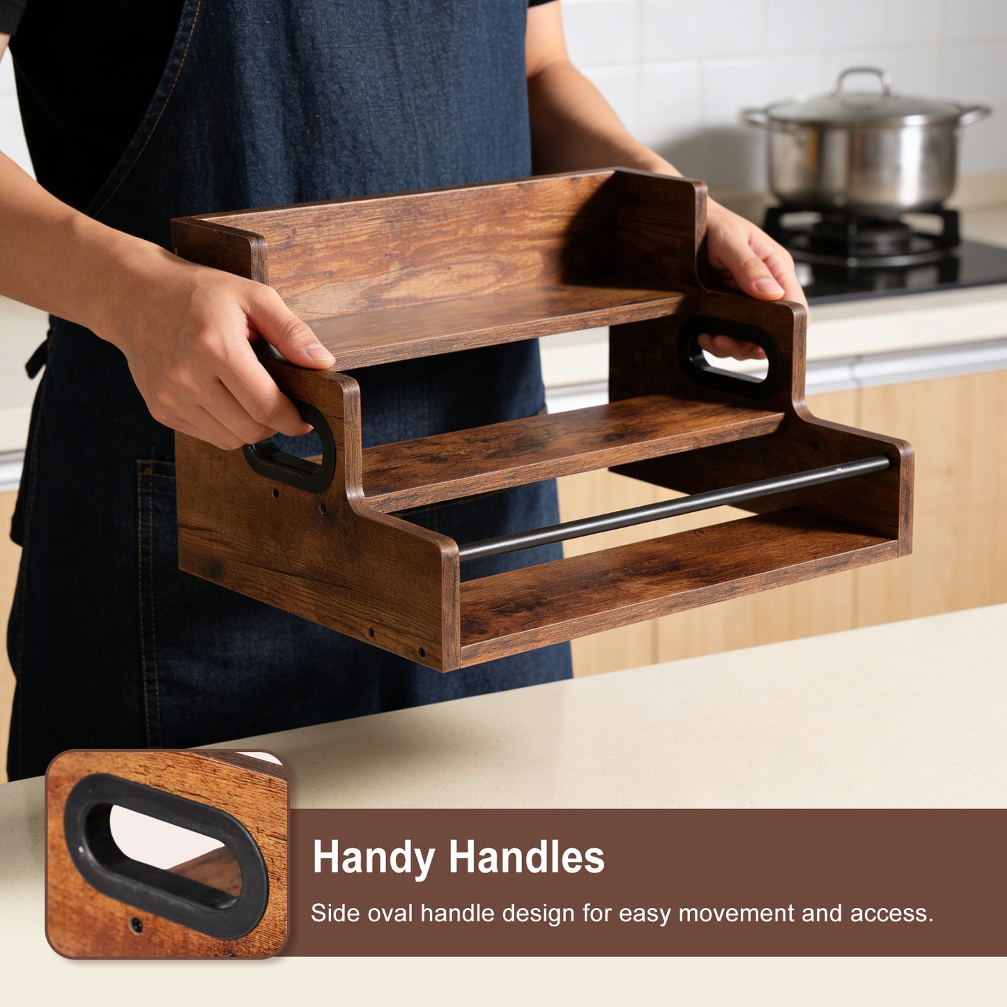 Rustic 3-Tier Wooden Countertop Organizer with Anti-Fall Bar, Multipurpose Coffee Bar Storage Rack for Spices, Liquor, K-Cups & Kitchen Essentials, 16" W x 12" D x 9.25" H