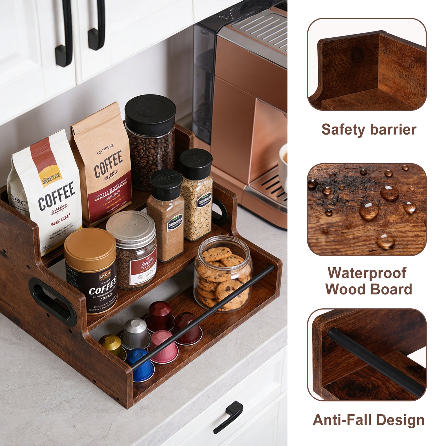 Rustic 3-Tier Wooden Countertop Organizer with Anti-Fall Bar, Multipurpose Coffee Bar Storage Rack for Spices, Liquor, K-Cups & Kitchen Essentials, 16" W x 12" D x 9.25" H