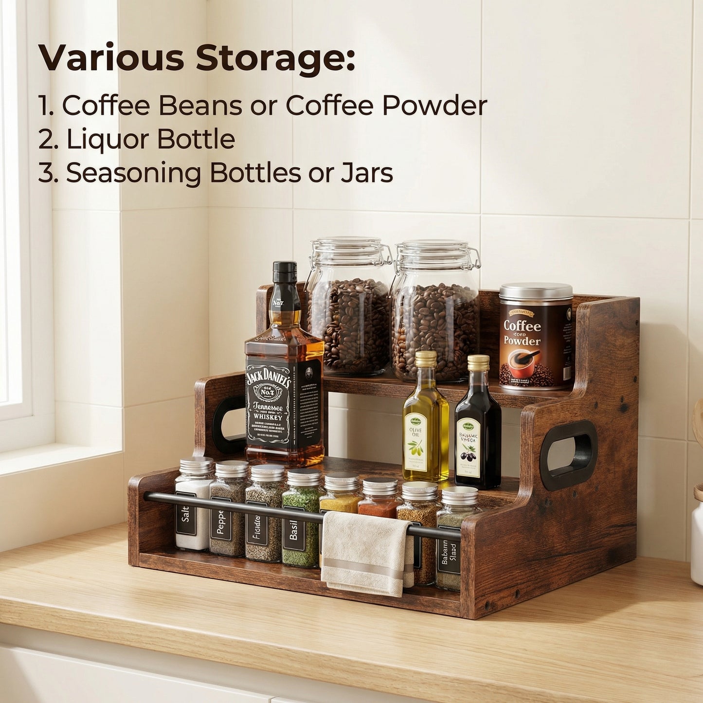 Rustic 3-Tier Wooden Countertop Organizer with Anti-Fall Bar, Multipurpose Coffee Bar Storage Rack for Spices, Liquor, K-Cups & Kitchen Essentials, 16" W x 12" D x 9.25" H