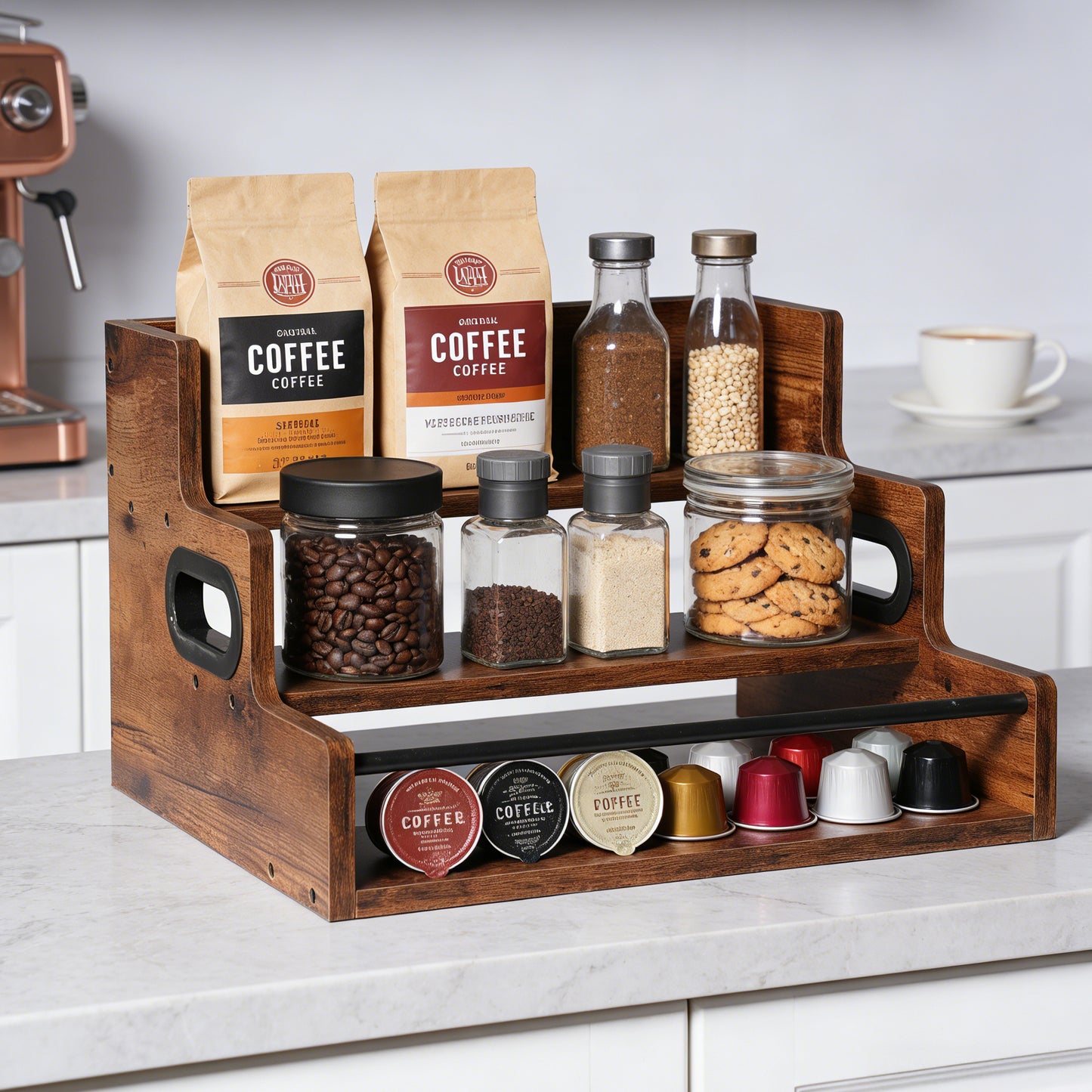 Rustic 3-Tier Wooden Countertop Organizer with Anti-Fall Bar, Multipurpose Coffee Bar Storage Rack for Spices, Liquor, K-Cups & Kitchen Essentials, 16" W x 12" D x 9.25" H