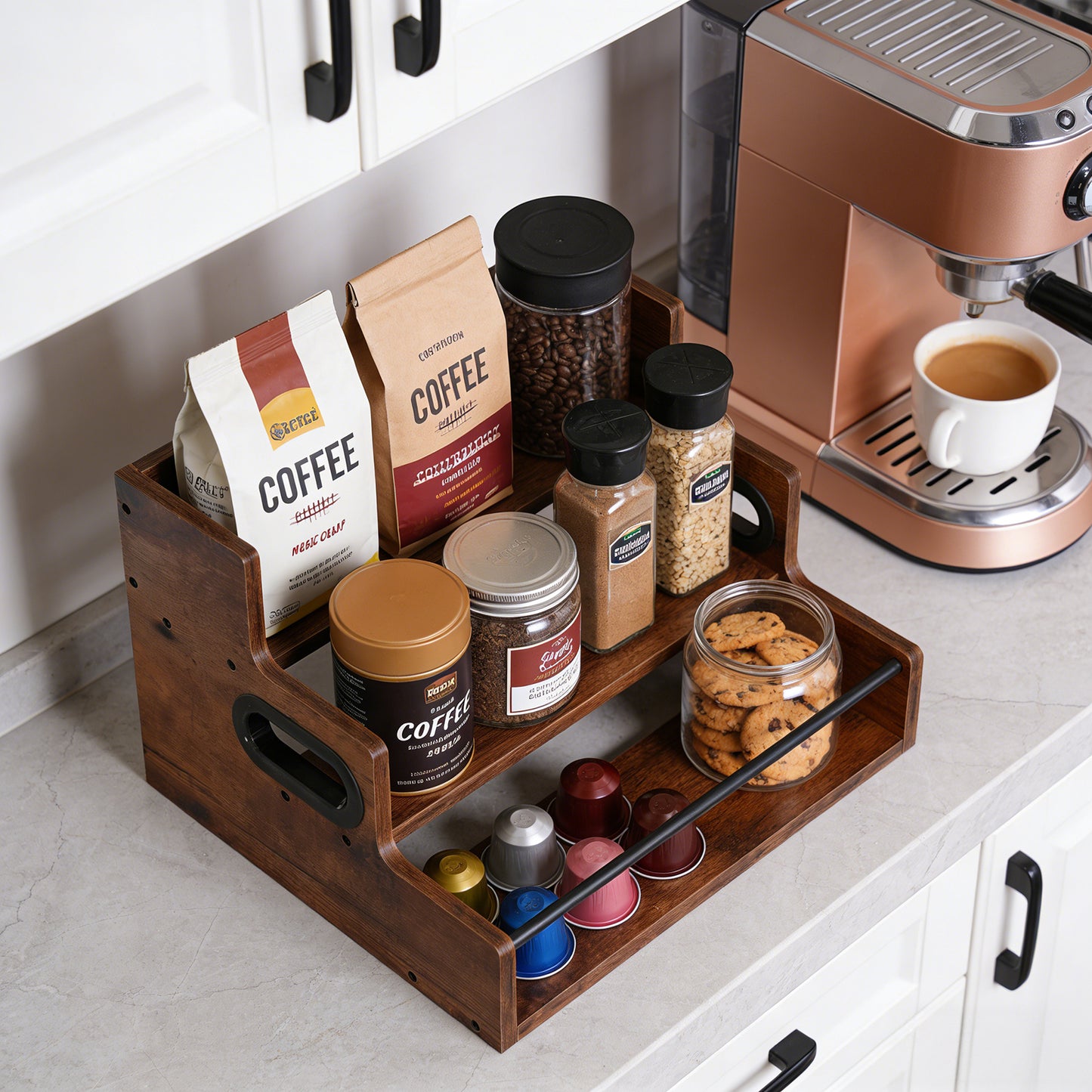 Rustic 3-Tier Wooden Countertop Organizer with Anti-Fall Bar, Multipurpose Coffee Bar Storage Rack for Spices, Liquor, K-Cups & Kitchen Essentials, 16" W x 12" D x 9.25" H