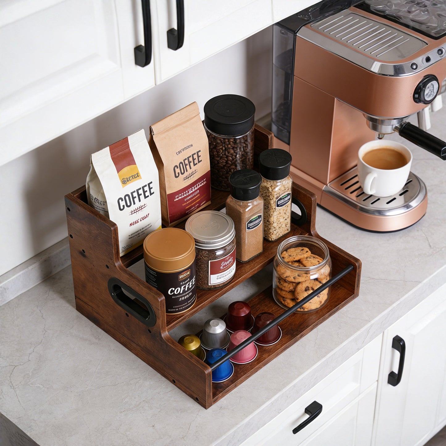 Rustic 3-Tier Wooden Countertop Organizer with Anti-Fall Bar, Multipurpose Coffee Bar Storage Rack for Spices, Liquor, K-Cups & Kitchen Essentials, 16" W x 12" D x 9.25" H