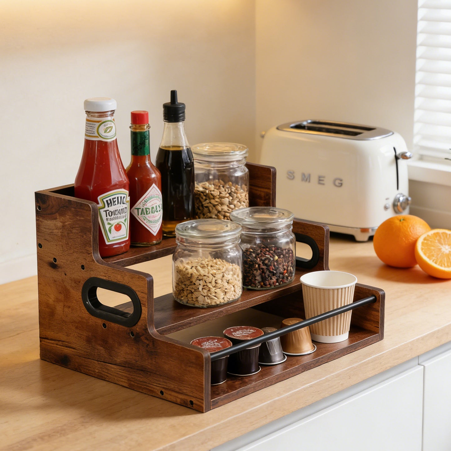 Rustic 3-Tier Wooden Countertop Organizer with Anti-Fall Bar, Multipurpose Coffee Bar Storage Rack for Spices, Liquor, K-Cups & Kitchen Essentials, 16" W x 12" D x 9.25" H