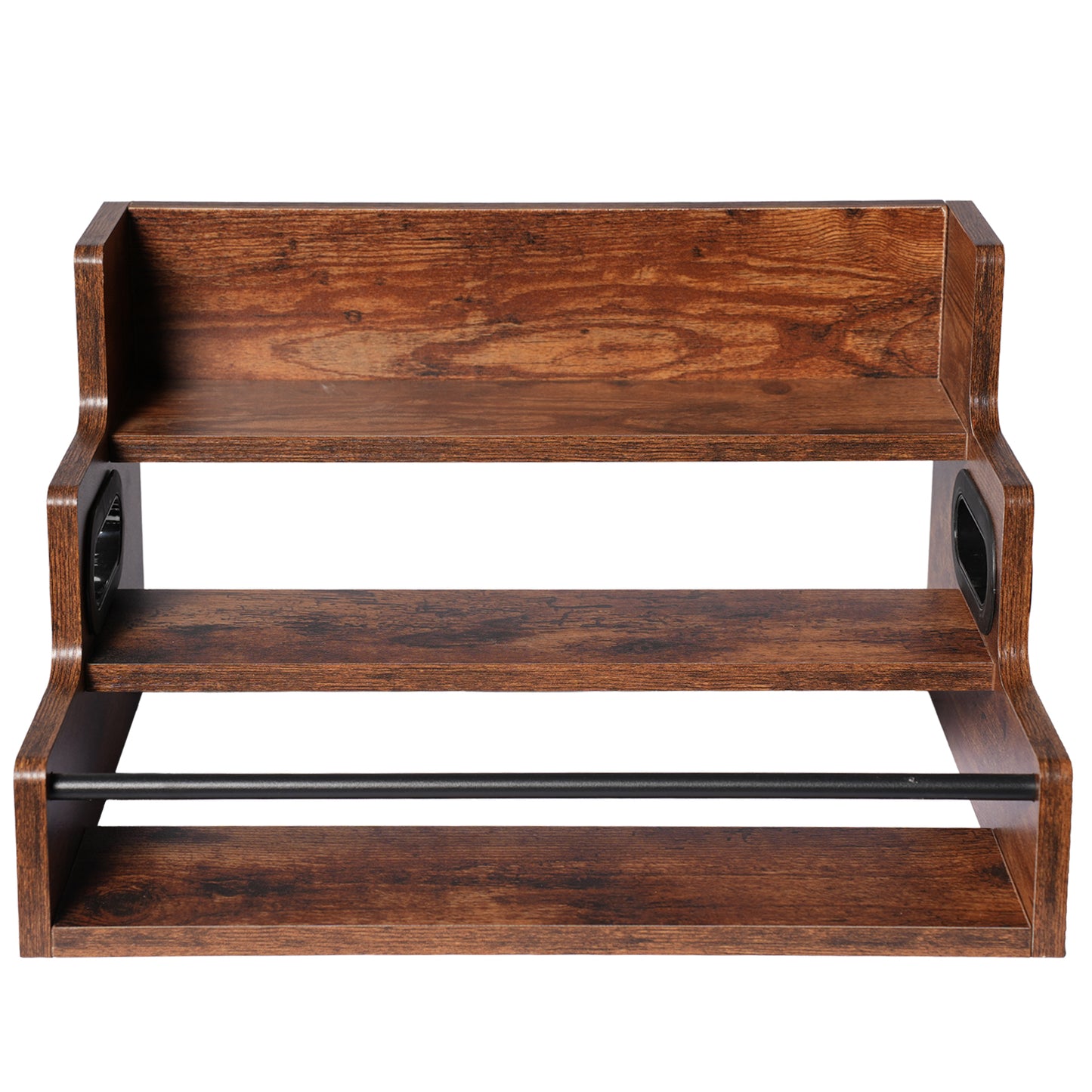 Rustic 3-Tier Wooden Countertop Organizer with Anti-Fall Bar, Multipurpose Coffee Bar Storage Rack for Spices, Liquor, K-Cups & Kitchen Essentials, 16" W x 12" D x 9.25" H
