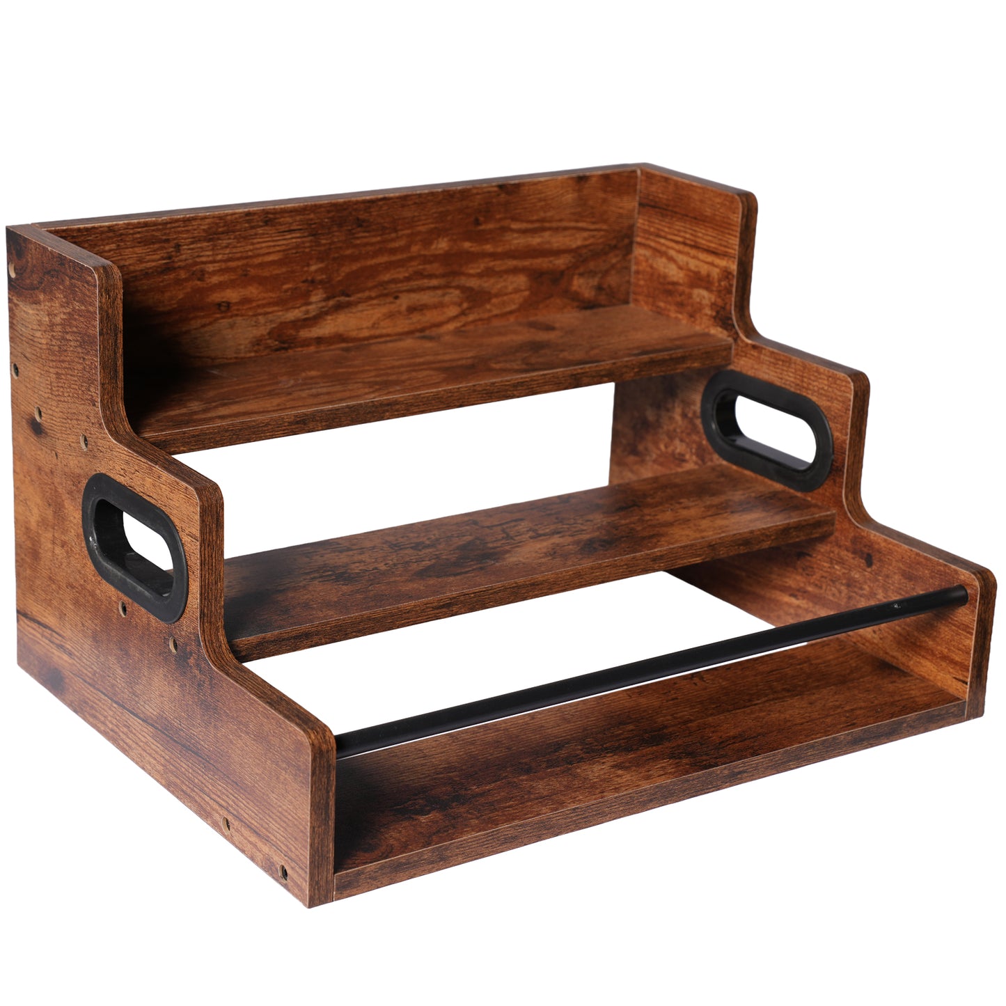 Rustic 3-Tier Wooden Countertop Organizer with Anti-Fall Bar, Multipurpose Coffee Bar Storage Rack for Spices, Liquor, K-Cups & Kitchen Essentials, 16" W x 12" D x 9.25" H