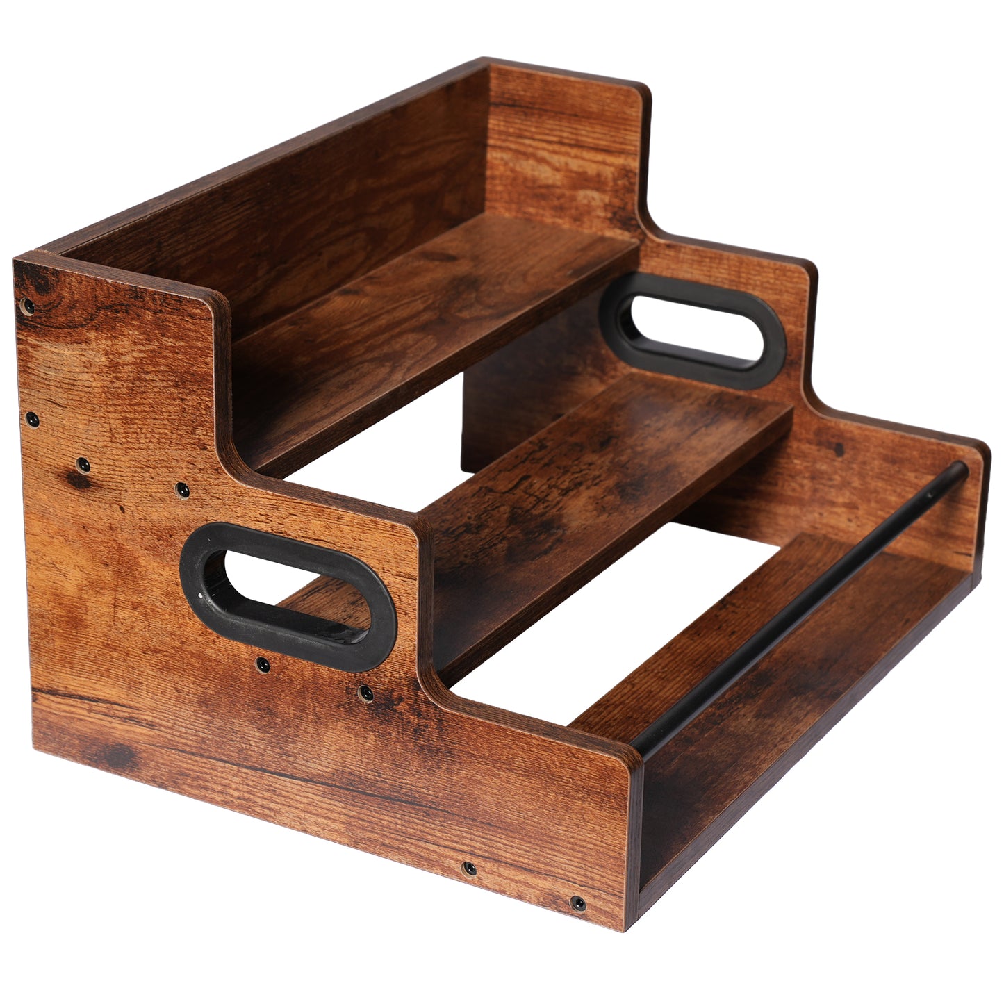 Rustic 3-Tier Wooden Countertop Organizer with Anti-Fall Bar, Multipurpose Coffee Bar Storage Rack for Spices, Liquor, K-Cups & Kitchen Essentials, 16" W x 12" D x 9.25" H
