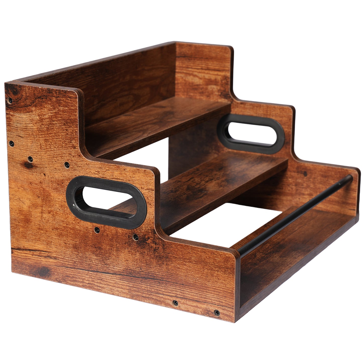 Rustic 3-Tier Wooden Countertop Organizer with Anti-Fall Bar, Multipurpose Coffee Bar Storage Rack for Spices, Liquor, K-Cups & Kitchen Essentials, 16" W x 12" D x 9.25" H