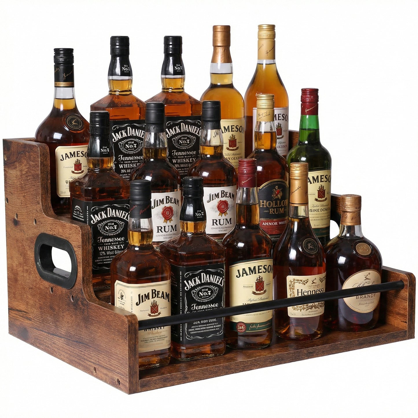Rustic 3-Tier Wooden Countertop Organizer with Anti-Fall Bar, Multipurpose Coffee Bar Storage Rack for Spices, Liquor, K-Cups & Kitchen Essentials, 16" W x 12" D x 9.25" H