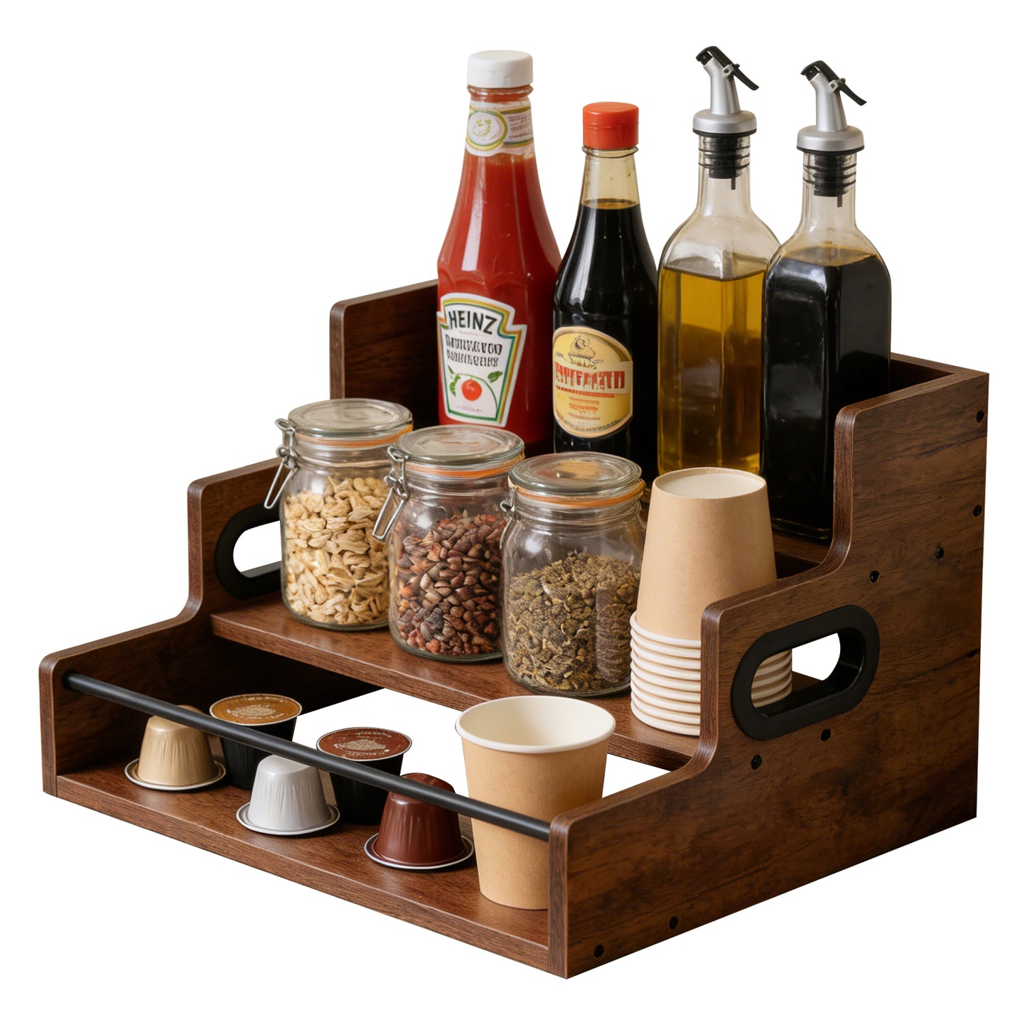 Rustic 3-Tier Wooden Countertop Organizer with Anti-Fall Bar, Multipurpose Coffee Bar Storage Rack for Spices, Liquor, K-Cups & Kitchen Essentials, 16" W x 12" D x 9.25" H