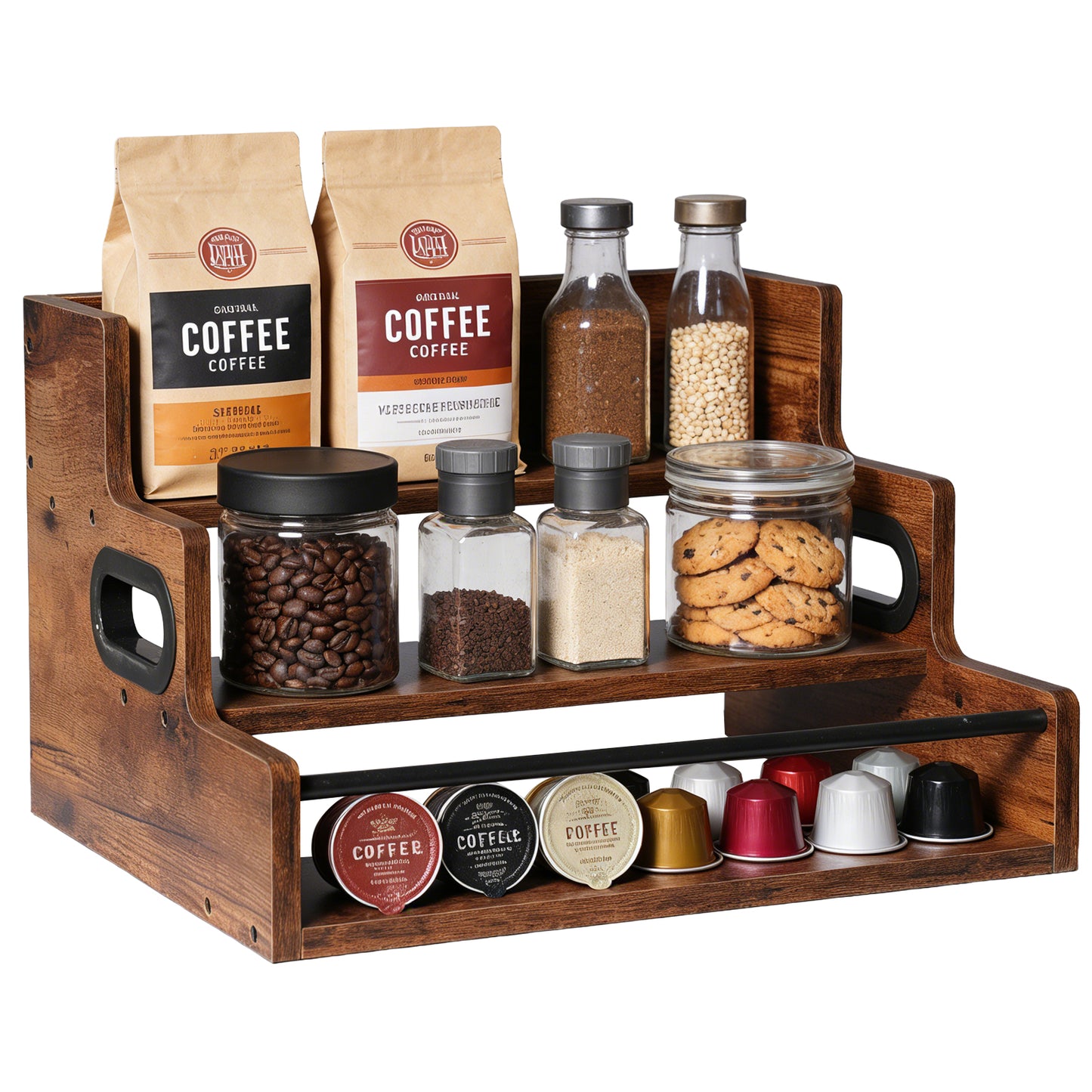 Rustic 3-Tier Wooden Countertop Organizer with Anti-Fall Bar, Multipurpose Coffee Bar Storage Rack for Spices, Liquor, K-Cups & Kitchen Essentials, 16" W x 12" D x 9.25" H