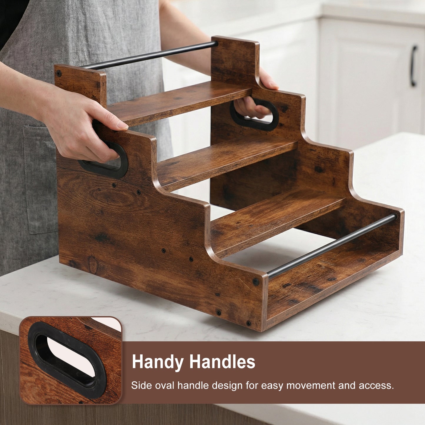 Rustic 4-Tier Wood Countertop Organizer with Anti-Fall Bars, Multipurpose Storage Rack for Coffee Bar, Spices, Liquor, 16" W x 15.74" D x 12.4" H