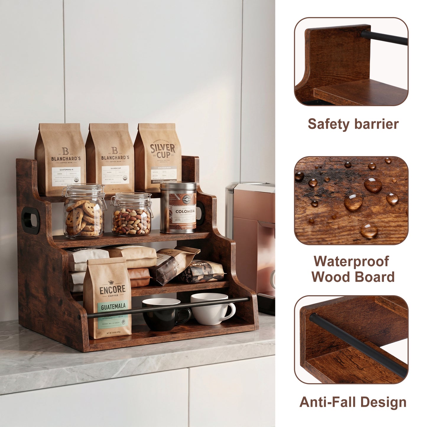 Rustic 4-Tier Wood Countertop Organizer with Anti-Fall Bars, Multipurpose Storage Rack for Coffee Bar, Spices, Liquor, 16" W x 15.74" D x 12.4" H