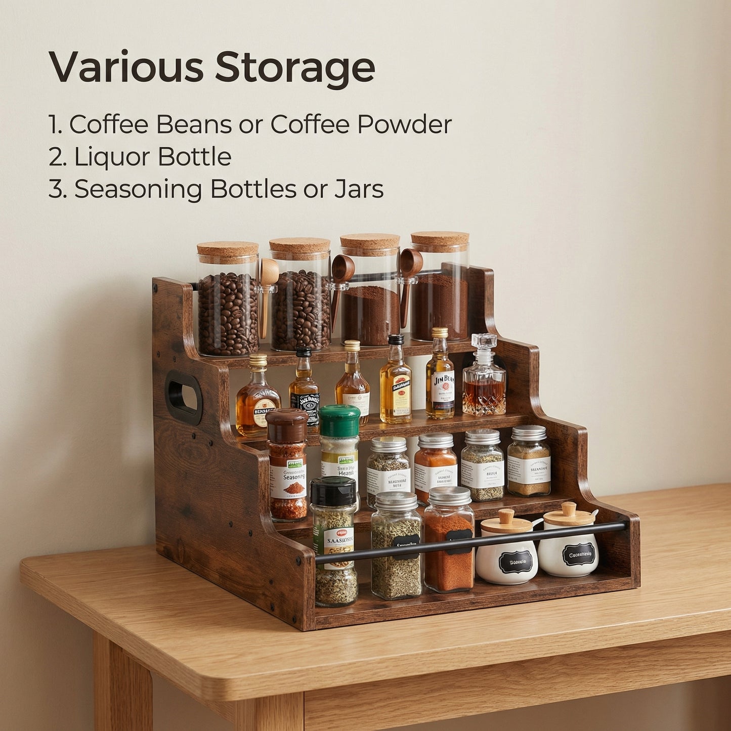 Rustic 4-Tier Wood Countertop Organizer with Anti-Fall Bars, Multipurpose Storage Rack for Coffee Bar, Spices, Liquor, 16" W x 15.74" D x 12.4" H