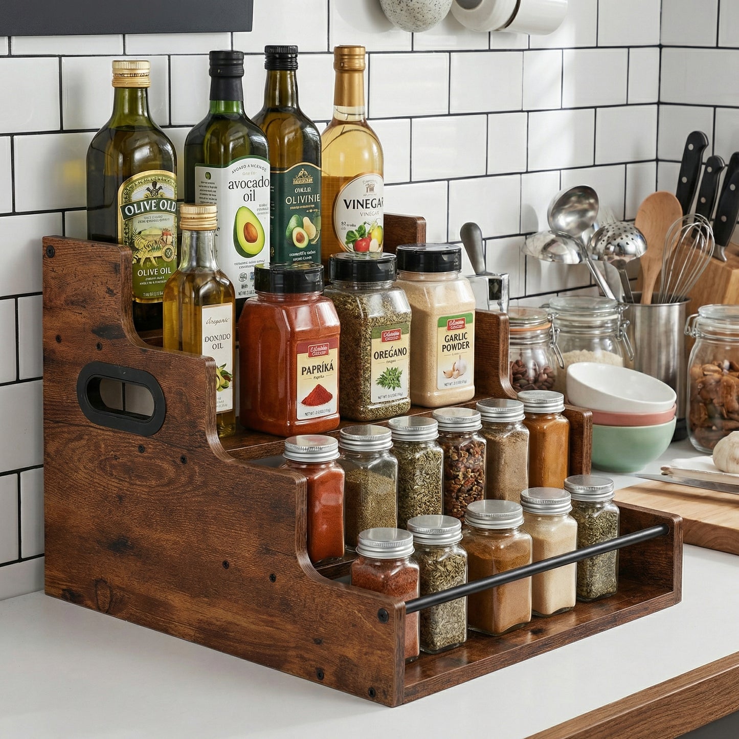 Rustic 4-Tier Wood Countertop Organizer with Anti-Fall Bars, Multipurpose Storage Rack for Coffee Bar, Spices, Liquor, 16" W x 15.74" D x 12.4" H
