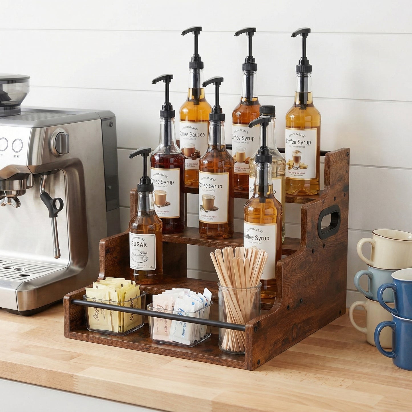 Rustic 4-Tier Wood Countertop Organizer with Anti-Fall Bars, Multipurpose Storage Rack for Coffee Bar, Spices, Liquor, 16" W x 15.74" D x 12.4" H