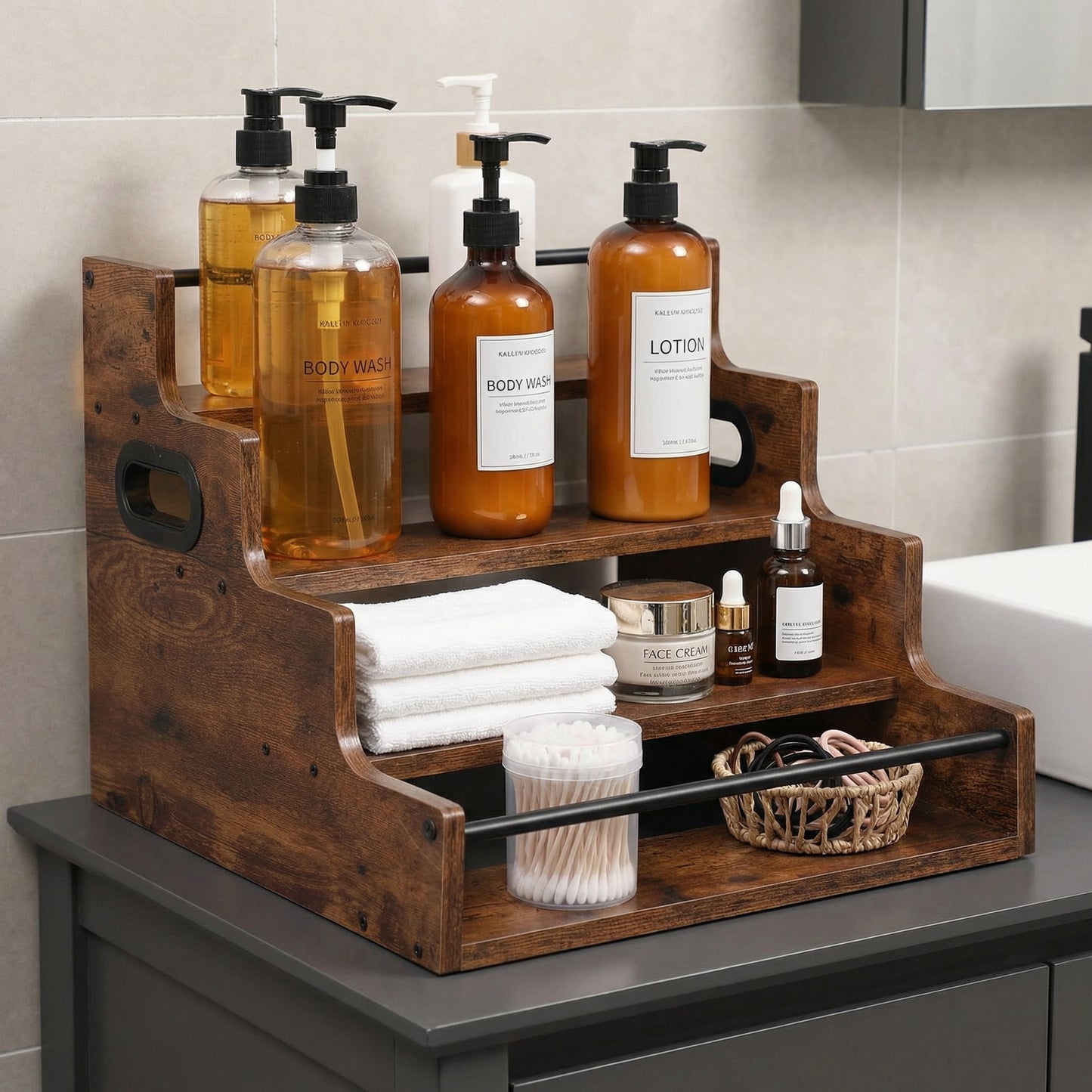 Rustic 4-Tier Wood Countertop Organizer with Anti-Fall Bars, Multipurpose Storage Rack for Coffee Bar, Spices, Liquor, 16" W x 15.74" D x 12.4" H