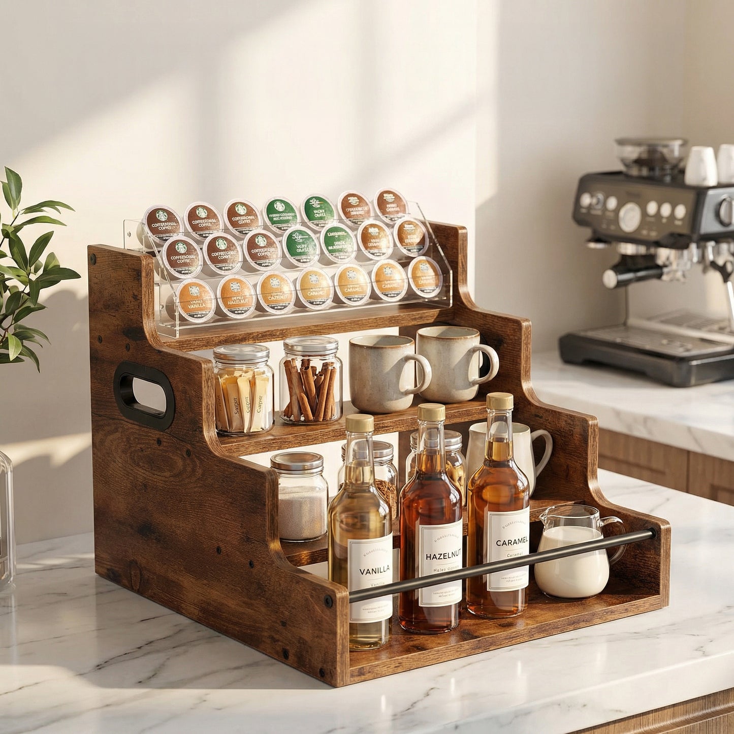 Rustic 4-Tier Wood Countertop Organizer with Anti-Fall Bars, Multipurpose Storage Rack for Coffee Bar, Spices, Liquor, 16" W x 15.74" D x 12.4" H