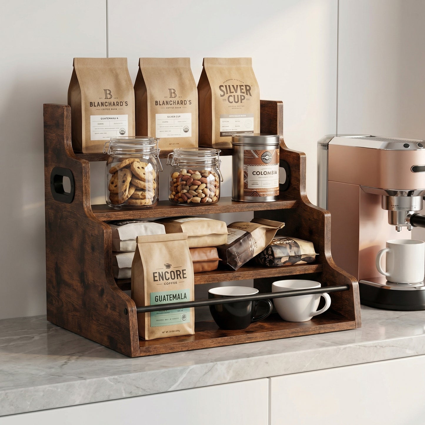Rustic 4-Tier Wood Countertop Organizer with Anti-Fall Bars, Multipurpose Storage Rack for Coffee Bar, Spices, Liquor, 16" W x 15.74" D x 12.4" H