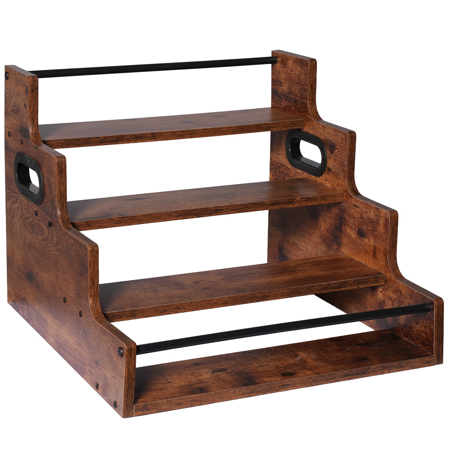 Rustic 4-Tier Wood Countertop Organizer with Anti-Fall Bars, Multipurpose Storage Rack for Coffee Bar, Spices, Liquor, 16" W x 15.74" D x 12.4" H