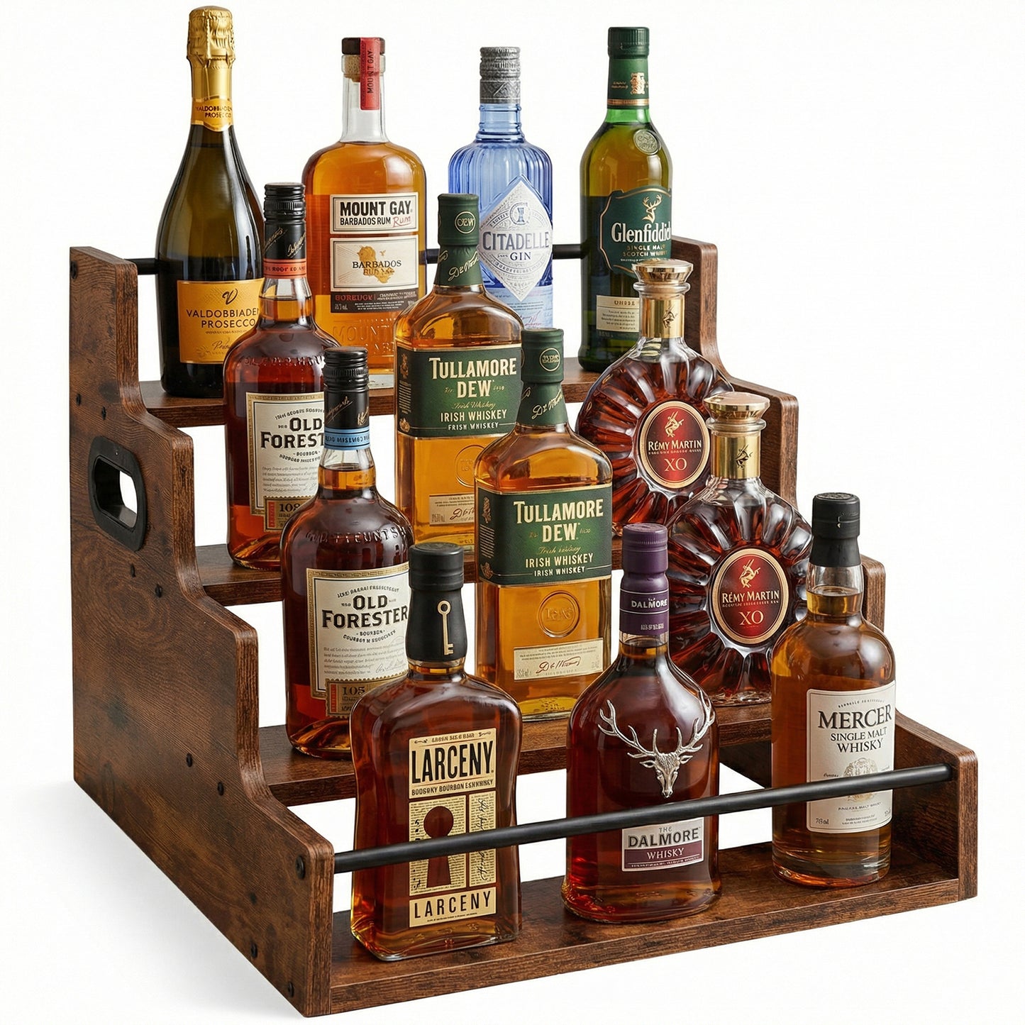Rustic 4-Tier Wood Countertop Organizer with Anti-Fall Bars, Multipurpose Storage Rack for Coffee Bar, Spices, Liquor, 16" W x 15.74" D x 12.4" H
