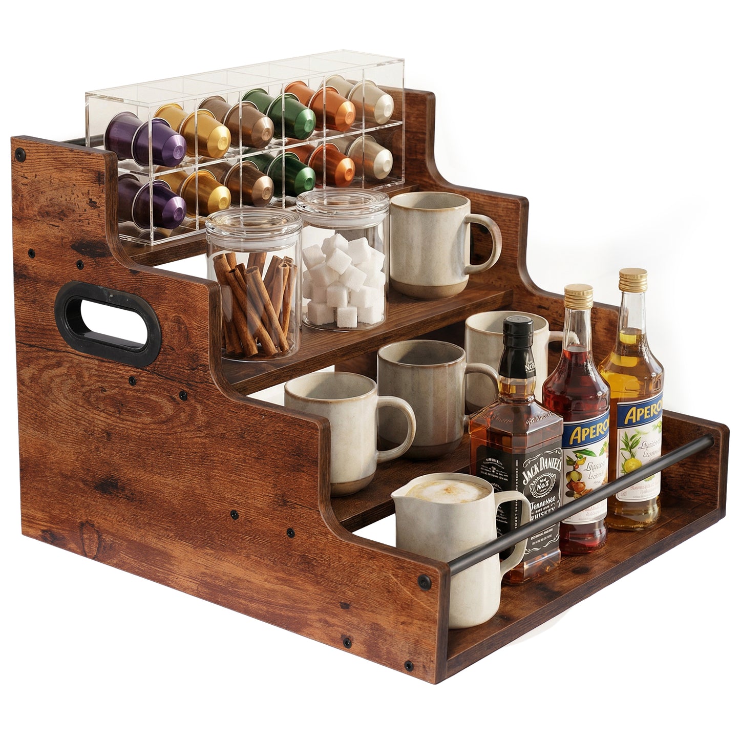 Rustic 4-Tier Wood Countertop Organizer with Anti-Fall Bars, Multipurpose Storage Rack for Coffee Bar, Spices, Liquor, 16" W x 15.74" D x 12.4" H