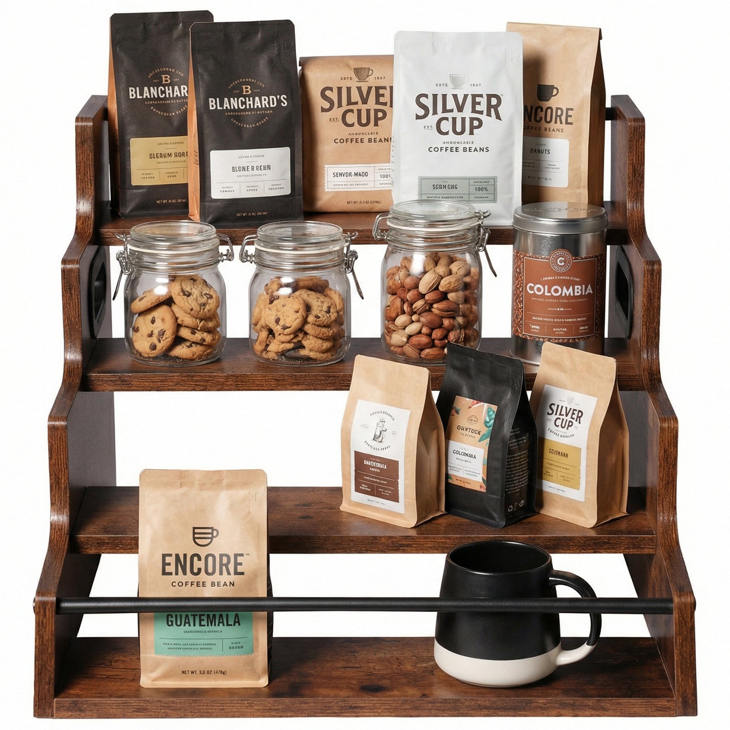 Rustic 4-Tier Wood Countertop Organizer with Anti-Fall Bars, Multipurpose Storage Rack for Coffee Bar, Spices, Liquor, 16" W x 15.74" D x 12.4" H