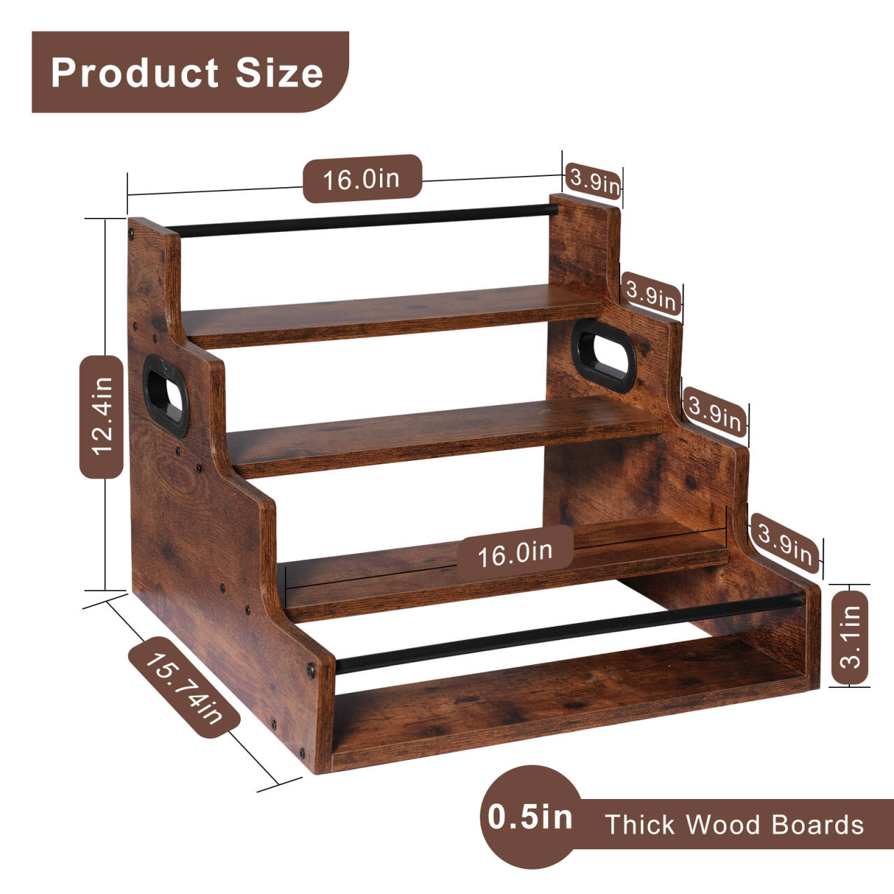 Rustic 4-Tier Wood Countertop Organizer with Anti-Fall Bars, Multipurpose Storage Rack for Coffee Bar, Spices, Liquor, 16" W x 15.74" D x 12.4" H