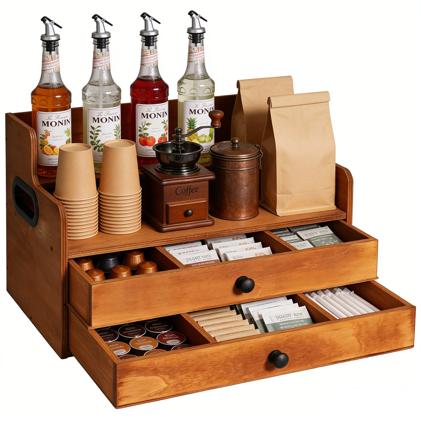 Rustic Wooden Coffee Station Organizer with 2 Drawers, 2-Tier Countertop Storage Rack for Coffee Bar, Syrups, K-Cups & Kitchen Essentials, 14.4" W x 8.8" D x 10.7" H