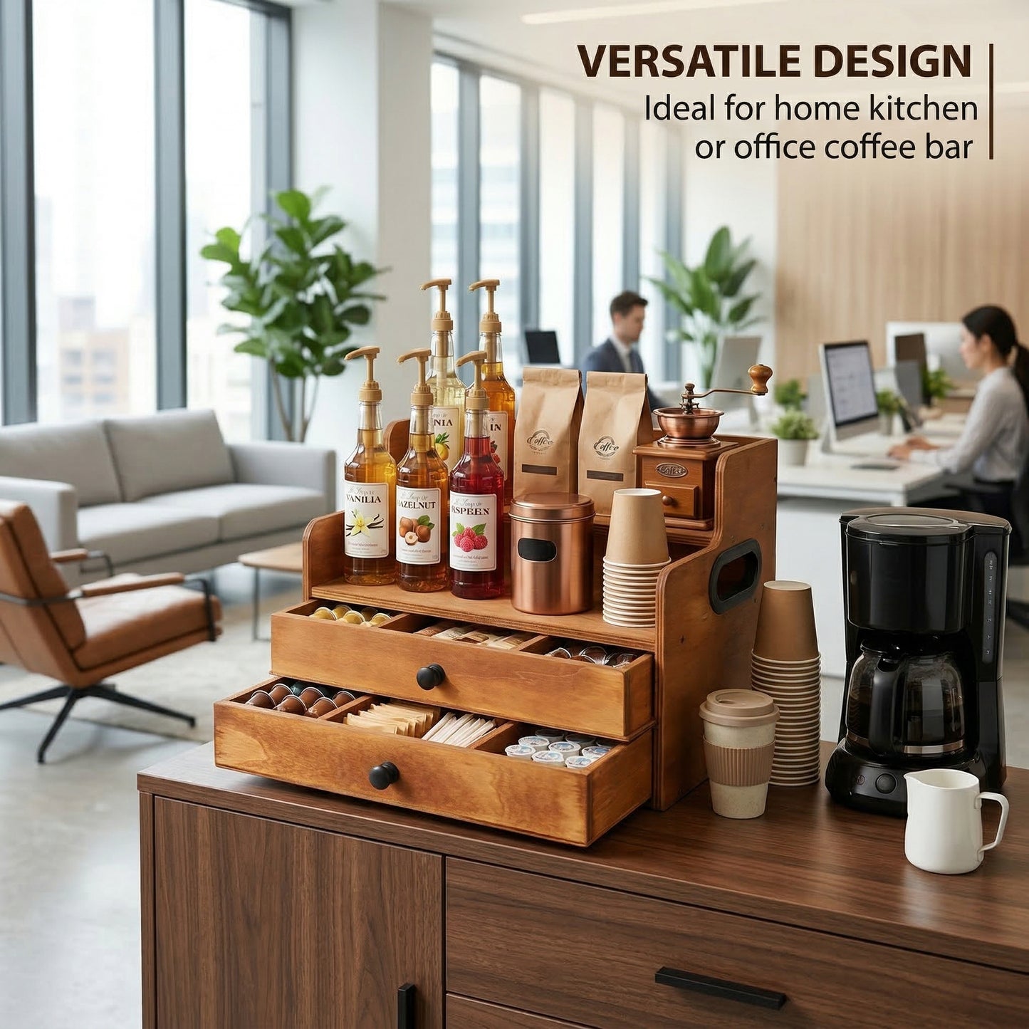 Rustic Wooden Coffee Station Organizer with 2 Drawers, 2-Tier Countertop Storage Rack for Coffee Bar, Syrups, K-Cups & Kitchen Essentials, 14.4" W x 8.8" D x 10.7" H