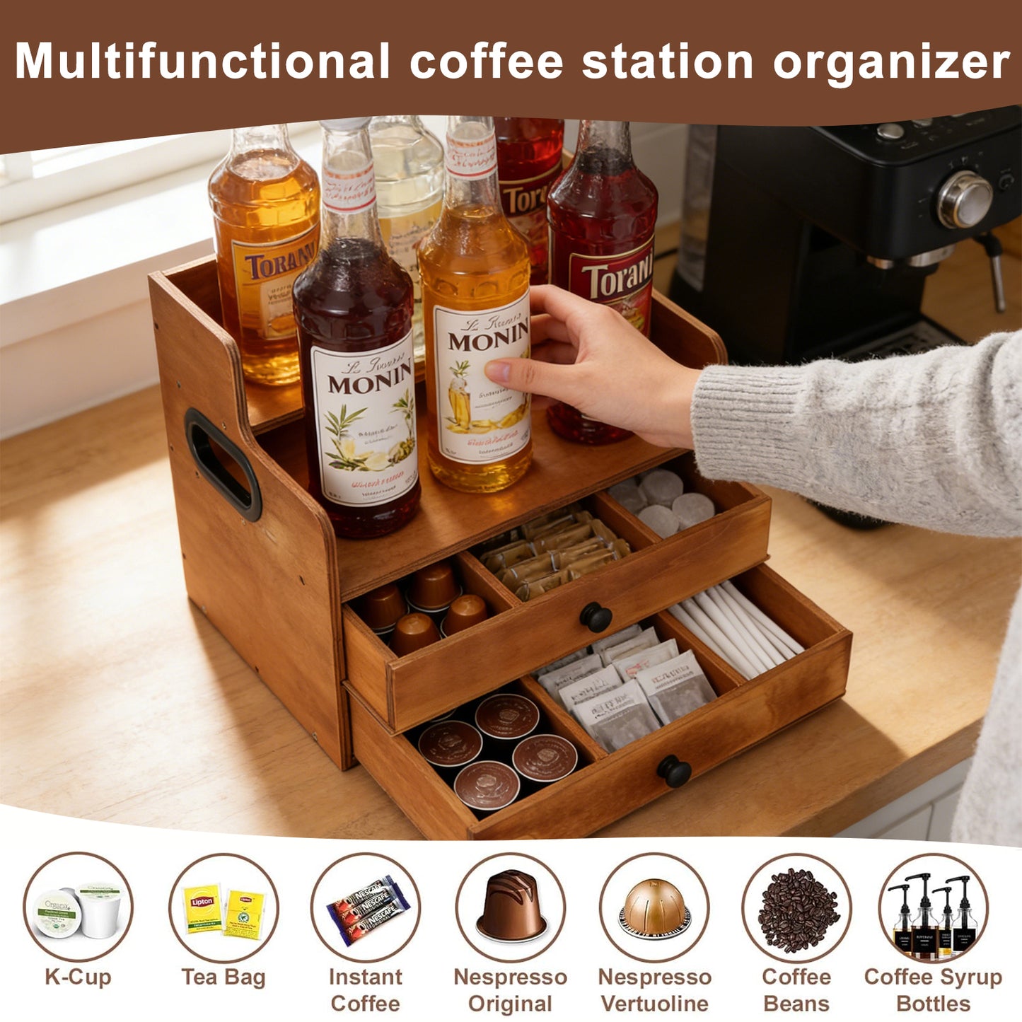 Rustic Wooden Coffee Station Organizer with 2 Drawers, 2-Tier Countertop Storage Rack for Coffee Bar, Syrups, K-Cups & Kitchen Essentials, 14.4" W x 8.8" D x 10.7" H