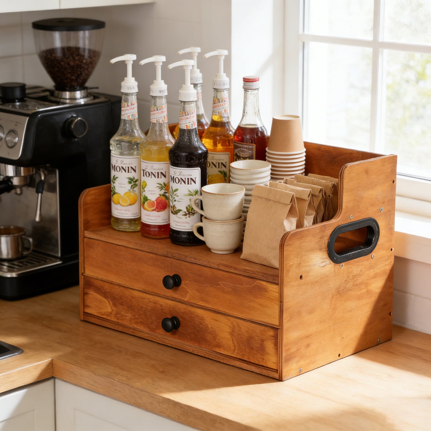 Rustic Wooden Coffee Station Organizer with 2 Drawers, 2-Tier Countertop Storage Rack for Coffee Bar, Syrups, K-Cups & Kitchen Essentials, 14.4" W x 8.8" D x 10.7" H
