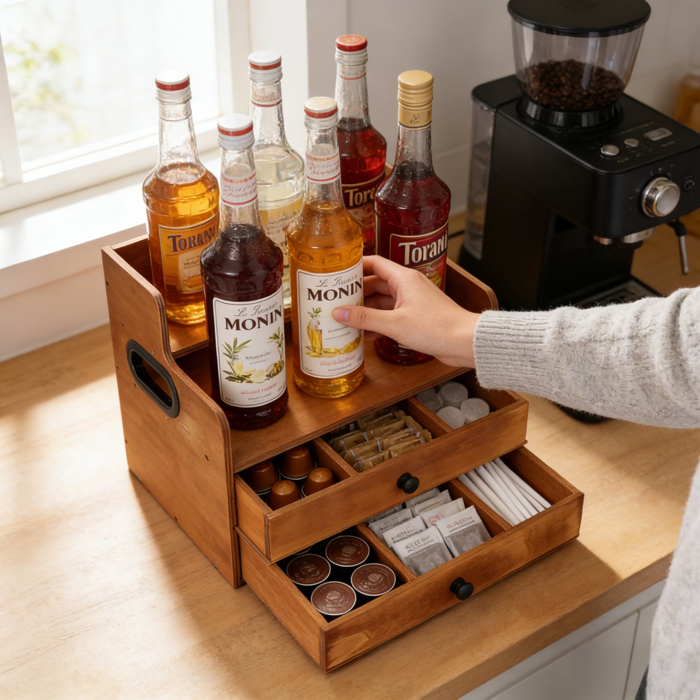Rustic Wooden Coffee Station Organizer with 2 Drawers, 2-Tier Countertop Storage Rack for Coffee Bar, Syrups, K-Cups & Kitchen Essentials, 14.4" W x 8.8" D x 10.7" H