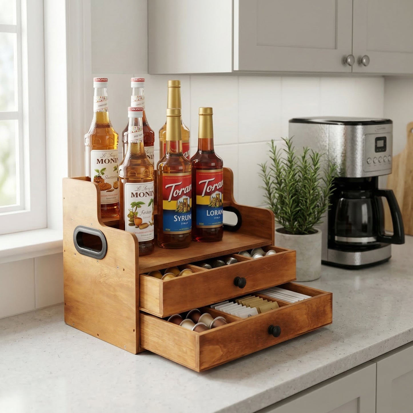 Rustic Wooden Coffee Station Organizer with 2 Drawers, 2-Tier Countertop Storage Rack for Coffee Bar, Syrups, K-Cups & Kitchen Essentials, 14.4" W x 8.8" D x 10.7" H