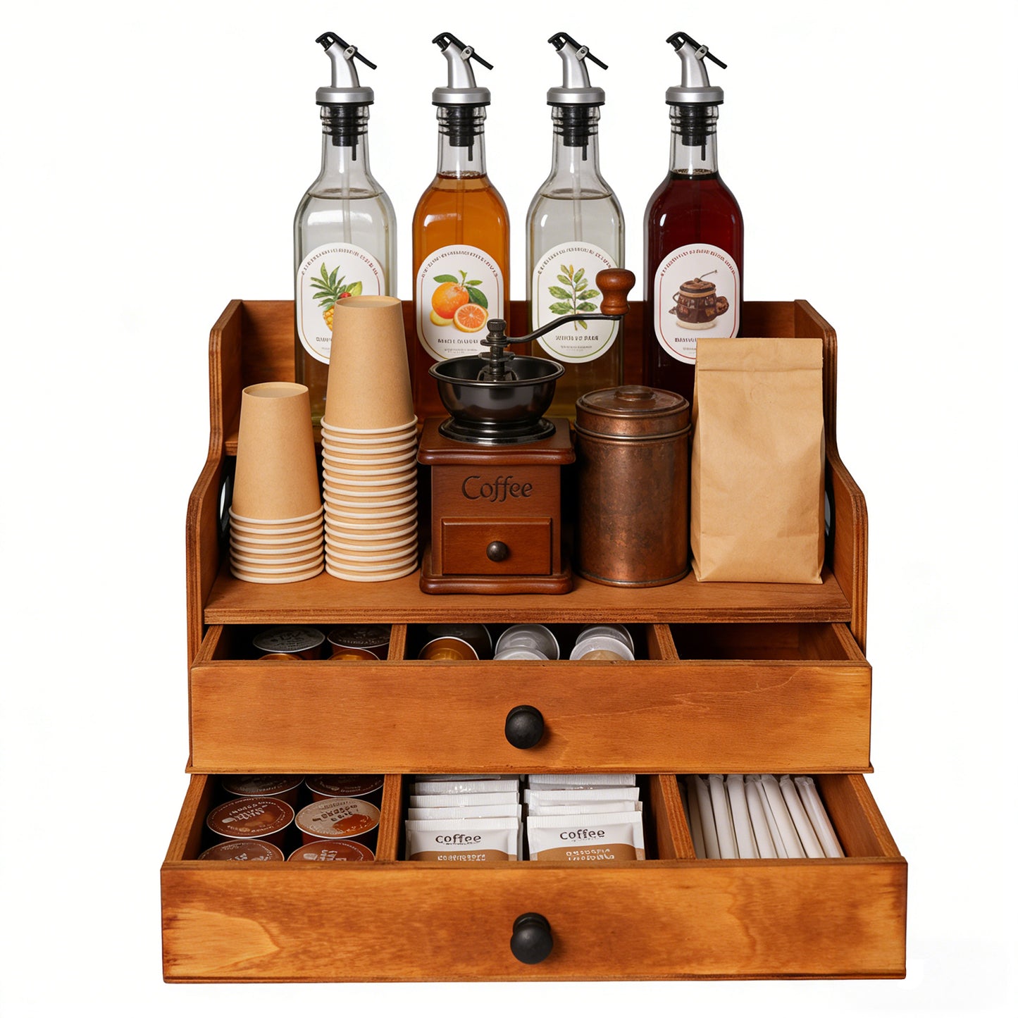 Rustic Wooden Coffee Station Organizer with 2 Drawers, 2-Tier Countertop Storage Rack for Coffee Bar, Syrups, K-Cups & Kitchen Essentials, 14.4" W x 8.8" D x 10.7" H